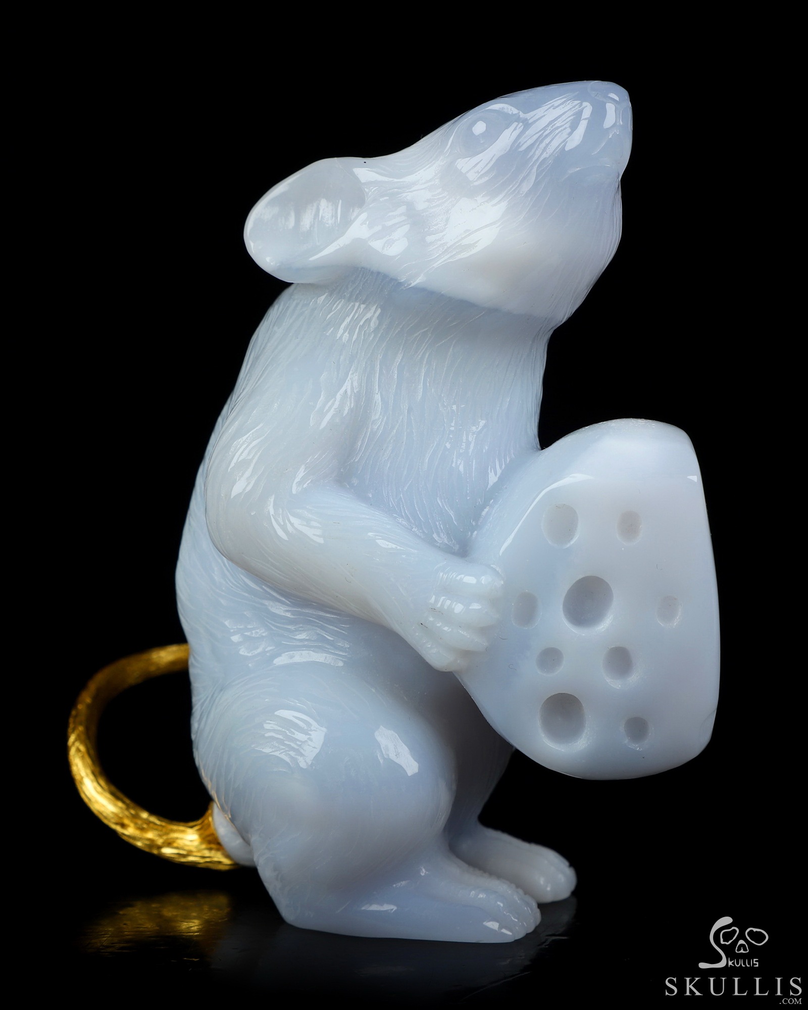 3.5" Blue Chalcedony Hand Carved Crystal Mouse and 18K Gold Plated 925 Silver Tail, Crystal Healing 3.5" Blue Chalcedony Hand Carved Crystal Mouse and 18K Gold Plated 925 Silver Tail, Crystal Healing