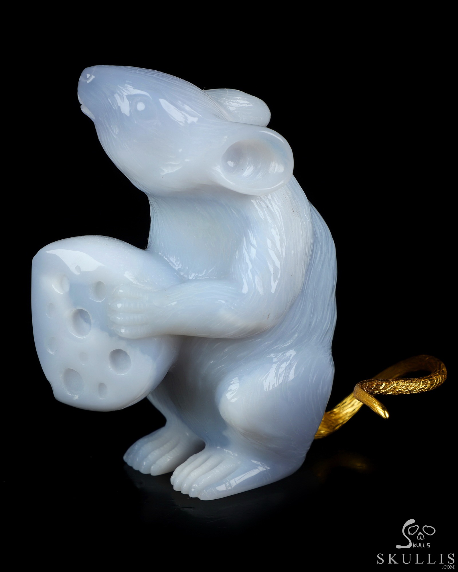 3.5" Blue Chalcedony Hand Carved Crystal Mouse and 18K Gold Plated 925 Silver Tail, Crystal Healing 3.5" Blue Chalcedony Hand Carved Crystal Mouse and 18K Gold Plated 925 Silver Tail, Crystal Healing