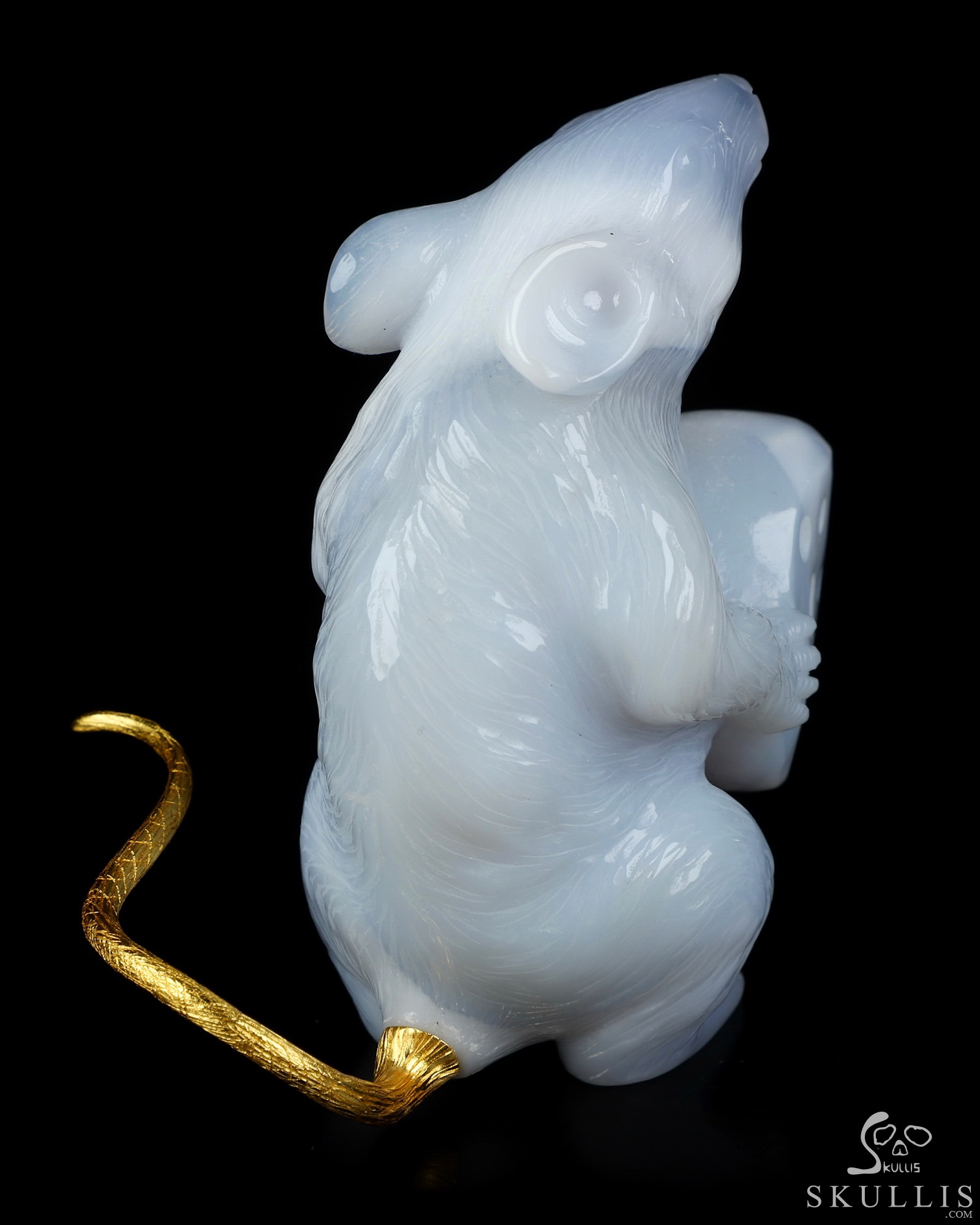 3.5" Blue Chalcedony Hand Carved Crystal Mouse and 18K Gold Plated 925 Silver Tail, Crystal Healing 3.5" Blue Chalcedony Hand Carved Crystal Mouse and 18K Gold Plated 925 Silver Tail, Crystal Healing
