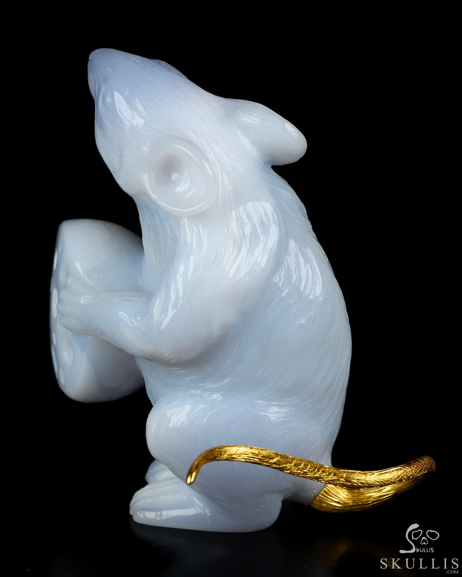 3.5" Blue Chalcedony Hand Carved Crystal Mouse and 18K Gold Plated 925 Silver Tail, Crystal Healing 3.5" Blue Chalcedony Hand Carved Crystal Mouse and 18K Gold Plated 925 Silver Tail, Crystal Healing