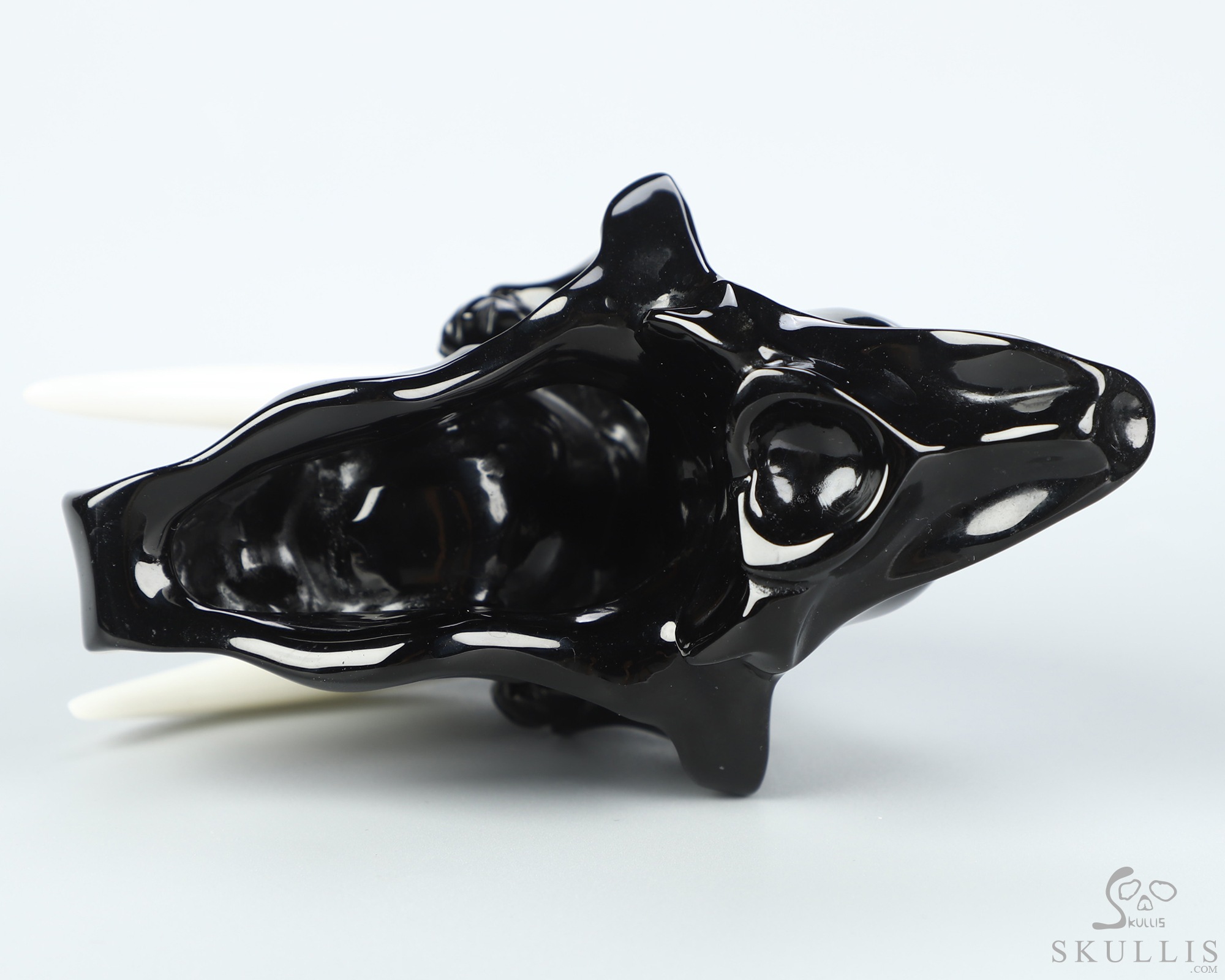 5.1" Black Obsidian Hand Carved Crystal Smilodon SABER-TOOTHED Tiger/Cat Skull and White Jade Tooth Sculpture 5.1" Black Obsidian Hand Carved Crystal Smilodon SABER-TOOTHED Tiger/Cat Skull and White Jade Tooth Sculpture