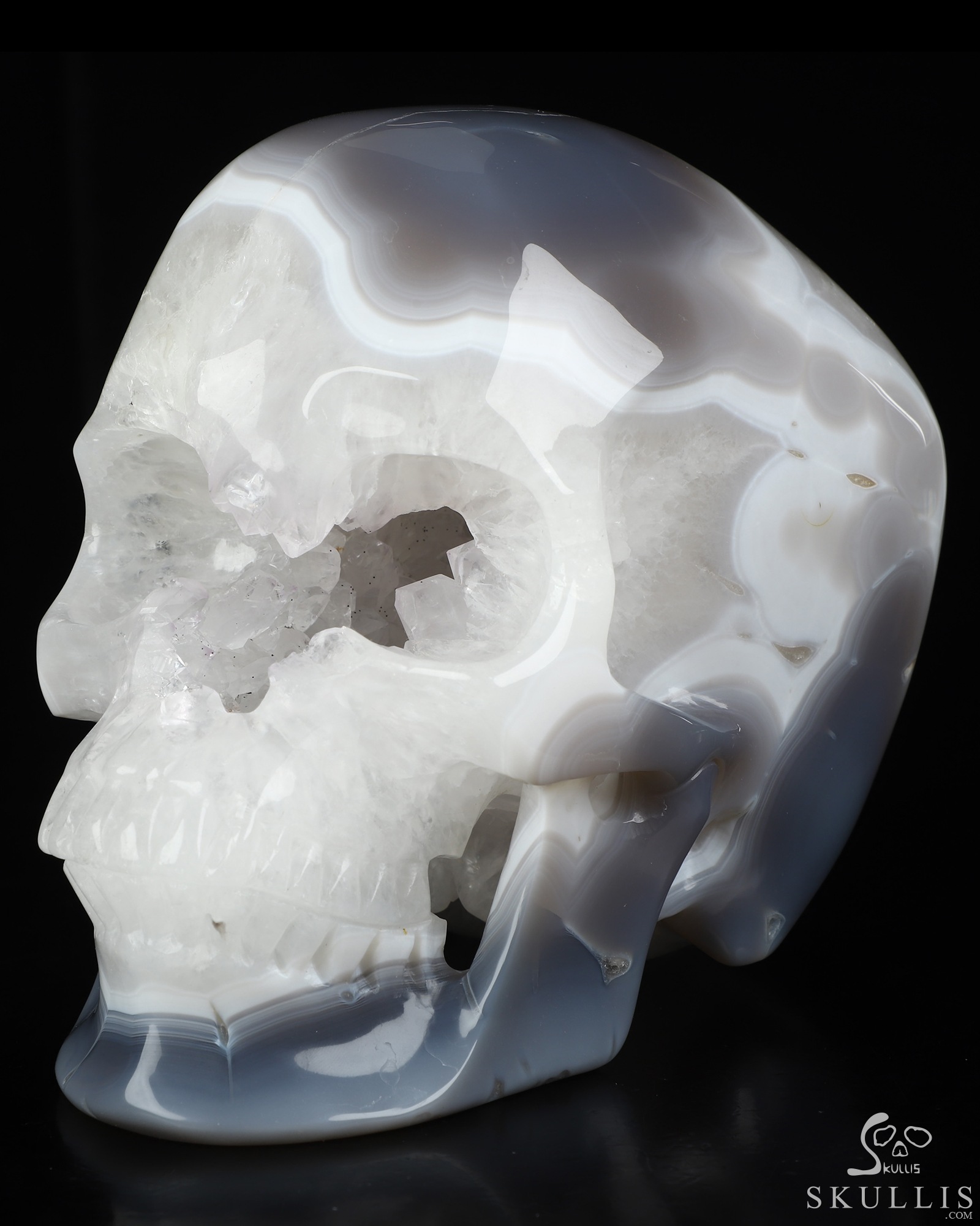 Lifesized 7.3" Agate Geode Hand Carved Crystal Skull, Super Realistic, Crystal Healing Lifesized 7.3" Agate Geode Hand Carved Crystal Skull, Super Realistic, Crystal Healing