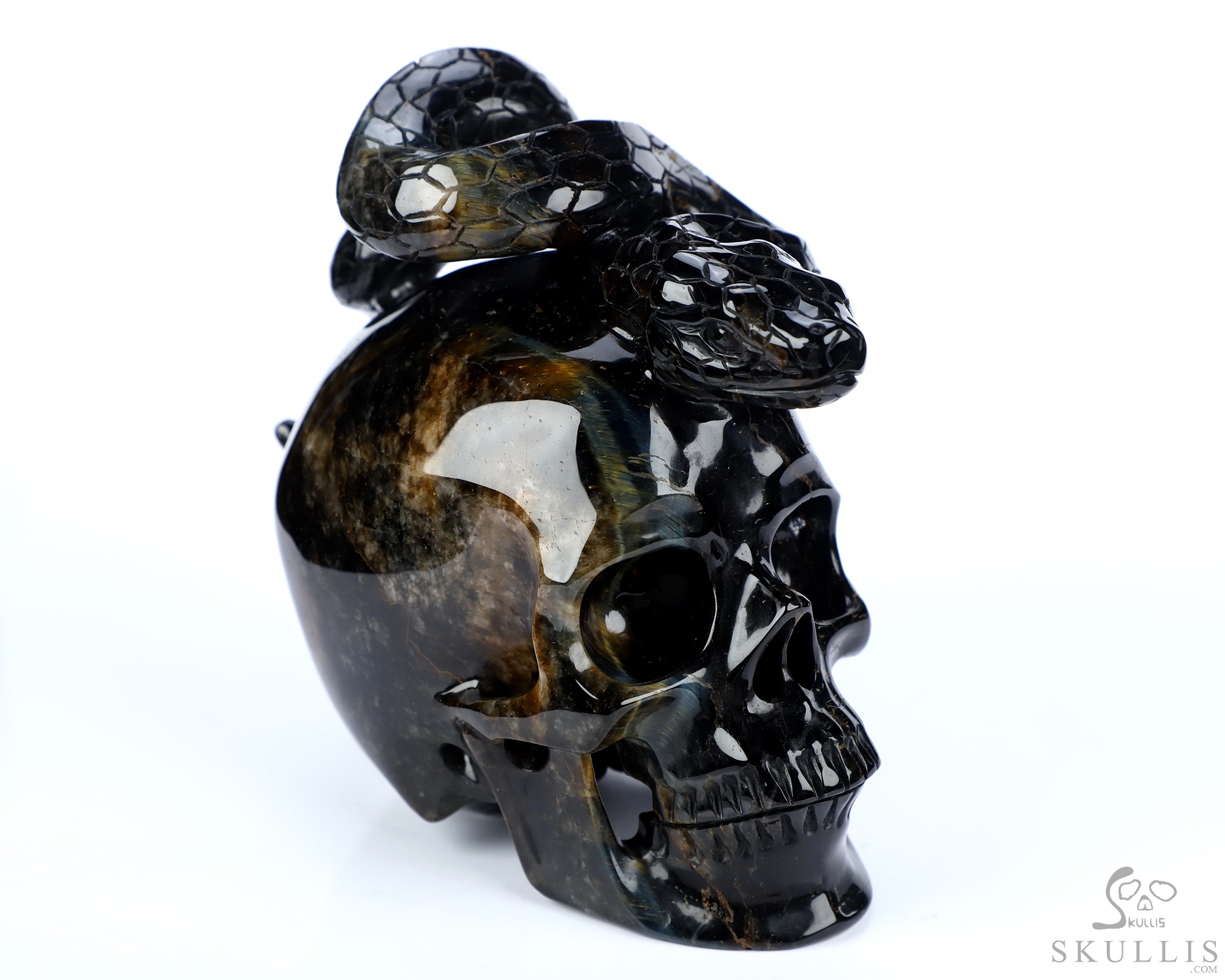5.1" Blue & Gold Tiger's Eye Hand Carved Crystal Skull and Snake Sculpture, Crystal Healing 5.1" Blue & Gold Tiger's Eye Hand Carved Crystal Skull and Snake Sculpture, Crystal Healing