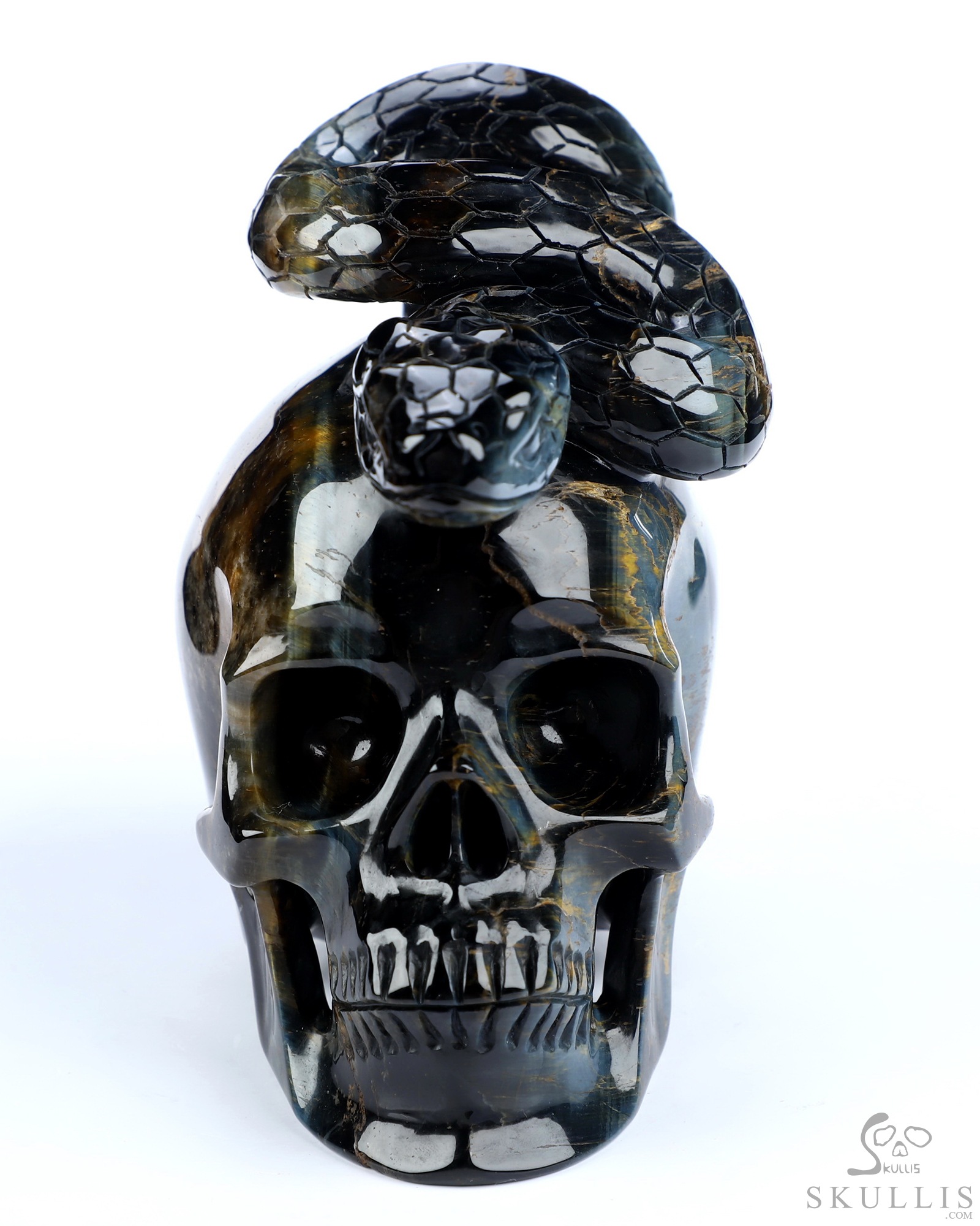 5.1" Blue & Gold Tiger's Eye Hand Carved Crystal Skull and Snake Sculpture, Crystal Healing 5.1" Blue & Gold Tiger's Eye Hand Carved Crystal Skull and Snake Sculpture, Crystal Healing