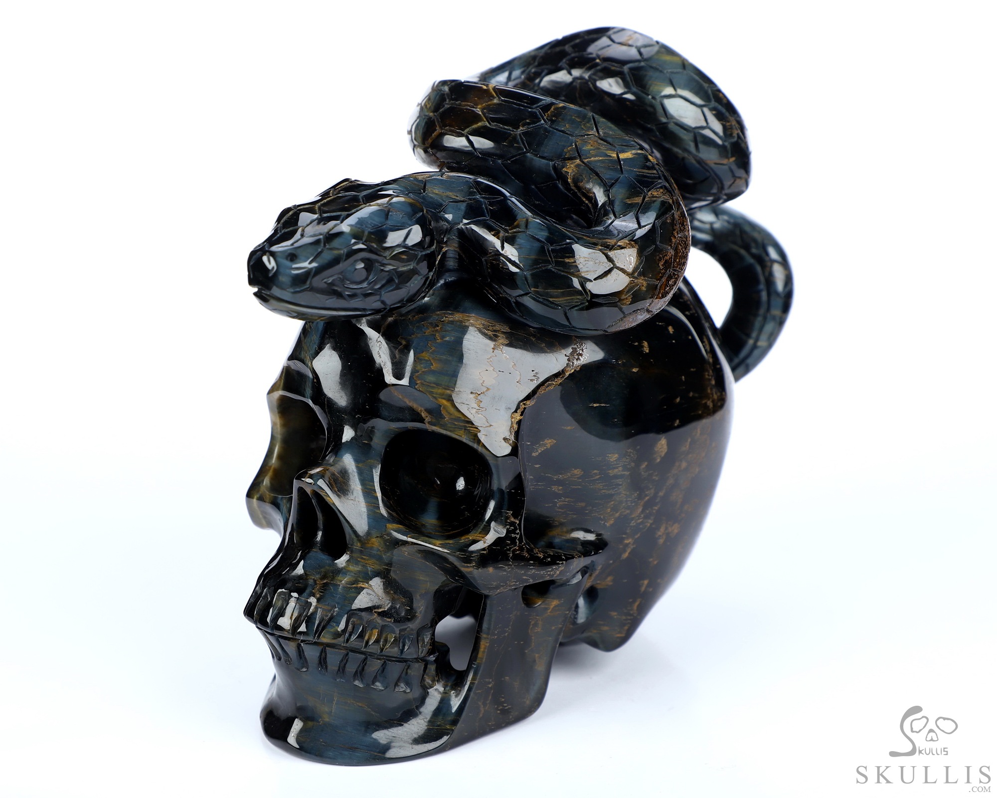 5.1" Blue & Gold Tiger's Eye Hand Carved Crystal Skull and Snake Sculpture, Crystal Healing 5.1" Blue & Gold Tiger's Eye Hand Carved Crystal Skull and Snake Sculpture, Crystal Healing