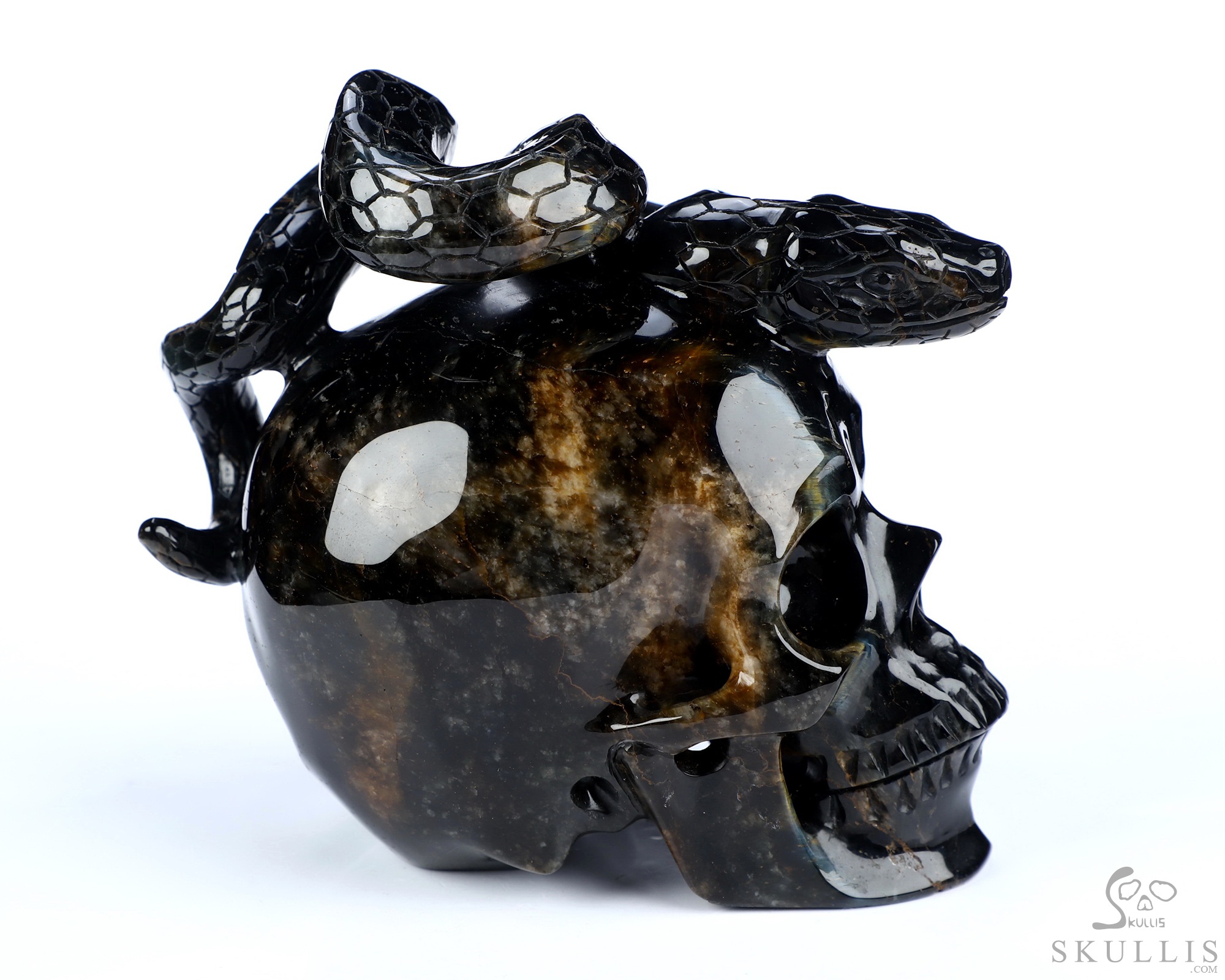 5.1" Blue & Gold Tiger's Eye Hand Carved Crystal Skull and Snake Sculpture, Crystal Healing 5.1" Blue & Gold Tiger's Eye Hand Carved Crystal Skull and Snake Sculpture, Crystal Healing