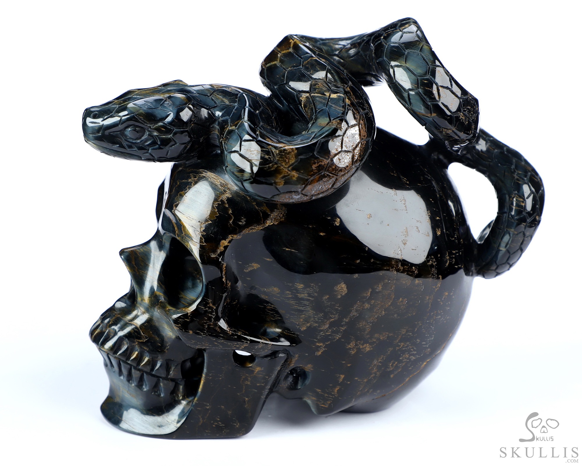 5.1" Blue & Gold Tiger's Eye Hand Carved Crystal Skull and Snake Sculpture, Crystal Healing 5.1" Blue & Gold Tiger's Eye Hand Carved Crystal Skull and Snake Sculpture, Crystal Healing