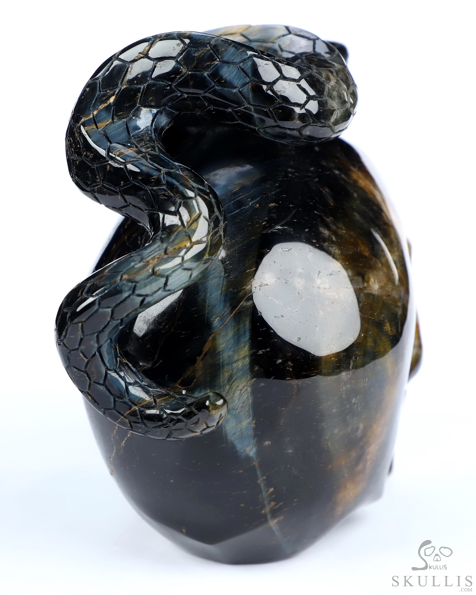 5.1" Blue & Gold Tiger's Eye Hand Carved Crystal Skull and Snake Sculpture, Crystal Healing 5.1" Blue & Gold Tiger's Eye Hand Carved Crystal Skull and Snake Sculpture, Crystal Healing