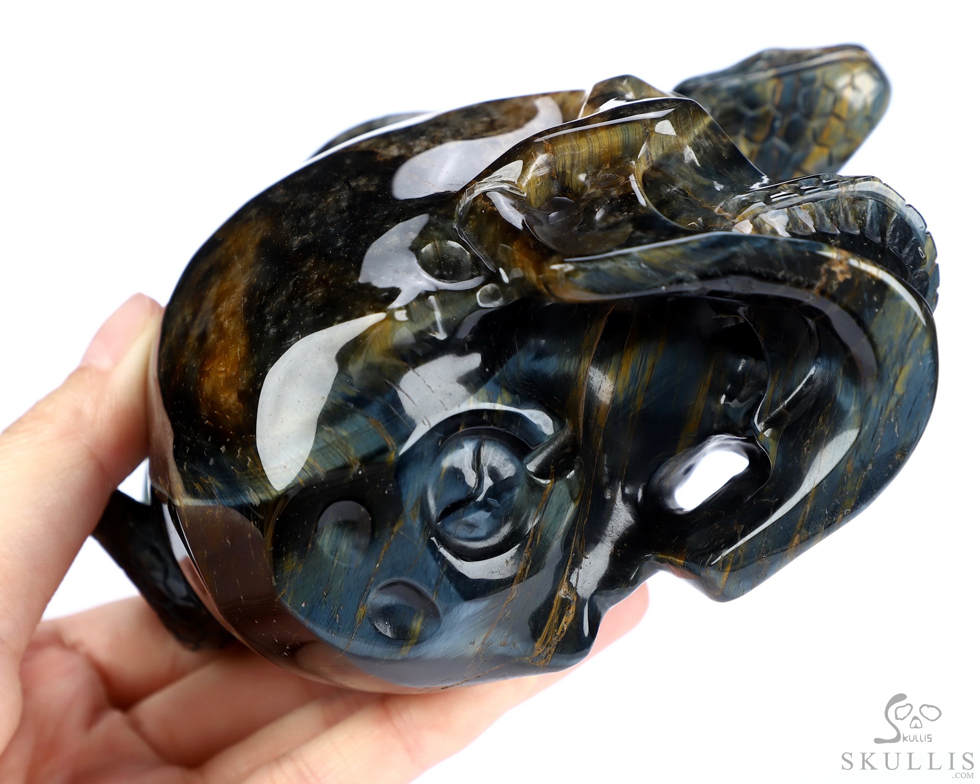 5.1" Blue & Gold Tiger's Eye Hand Carved Crystal Skull and Snake Sculpture, Crystal Healing 5.1" Blue & Gold Tiger's Eye Hand Carved Crystal Skull and Snake Sculpture, Crystal Healing