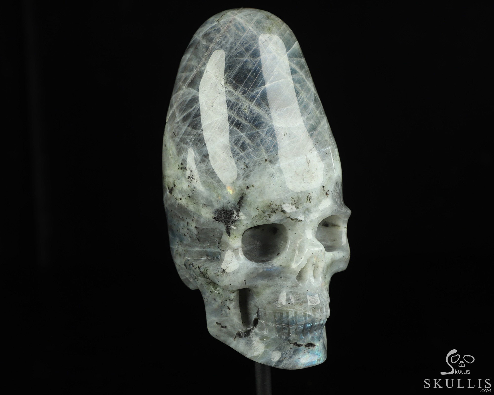4.5" Labradorite Hand Carved Incan Crystal Skull Sculpture With Stand, Crystal Healing 4.5" Labradorite Hand Carved Incan Crystal Skull Sculpture With Stand, Crystal Healing