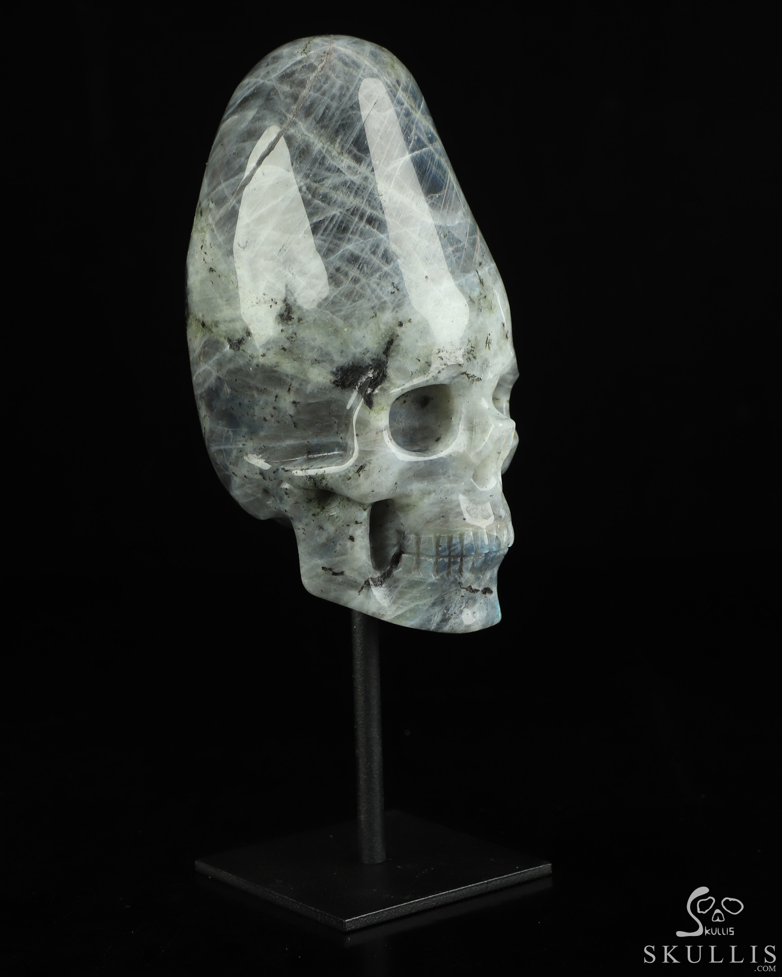 4.5" Labradorite Hand Carved Incan Crystal Skull Sculpture With Stand, Crystal Healing 4.5" Labradorite Hand Carved Incan Crystal Skull Sculpture With Stand, Crystal Healing