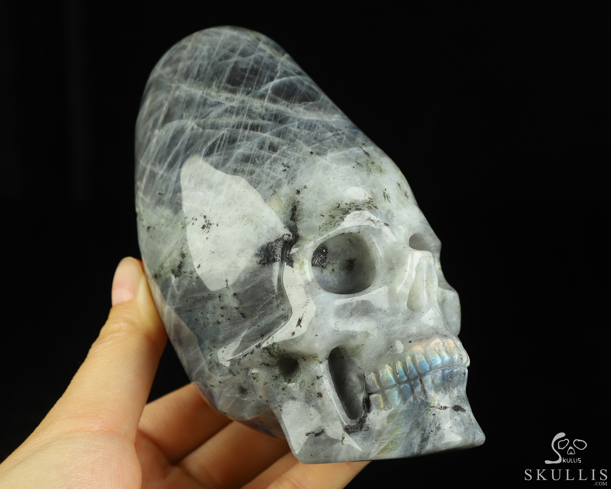 4.5" Labradorite Hand Carved Incan Crystal Skull Sculpture With Stand, Crystal Healing 4.5" Labradorite Hand Carved Incan Crystal Skull Sculpture With Stand, Crystal Healing