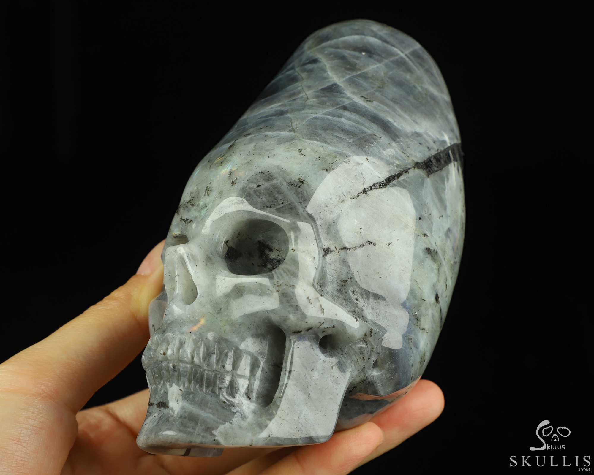 4.5" Labradorite Hand Carved Incan Crystal Skull Sculpture With Stand, Crystal Healing 4.5" Labradorite Hand Carved Incan Crystal Skull Sculpture With Stand, Crystal Healing