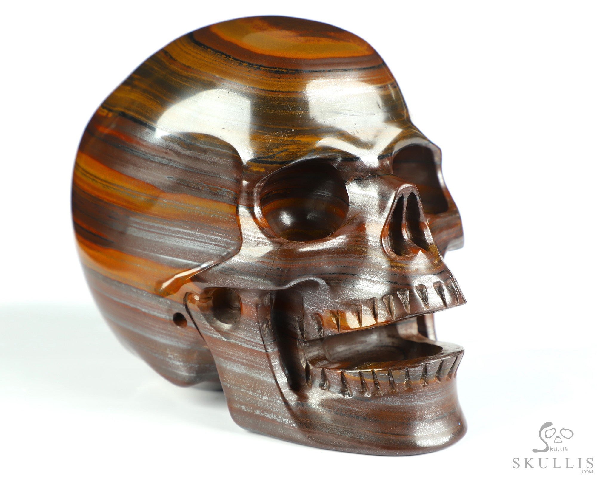 5.1" Tiger Iron Eye Hand Carved Singing Crystal Skull Sculpture, Crystal Healing 5.1" Tiger Iron Eye Hand Carved Singing Crystal Skull Sculpture, Crystal Healing
