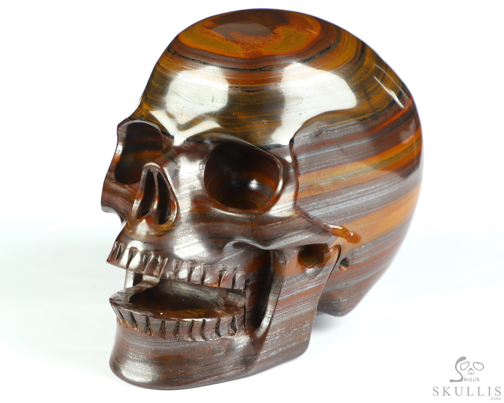 5.1" Tiger Iron Eye Hand Carved Singing Crystal Skull Sculpture, Crystal Healing 5.1" Tiger Iron Eye Hand Carved Singing Crystal Skull Sculpture, Crystal Healing