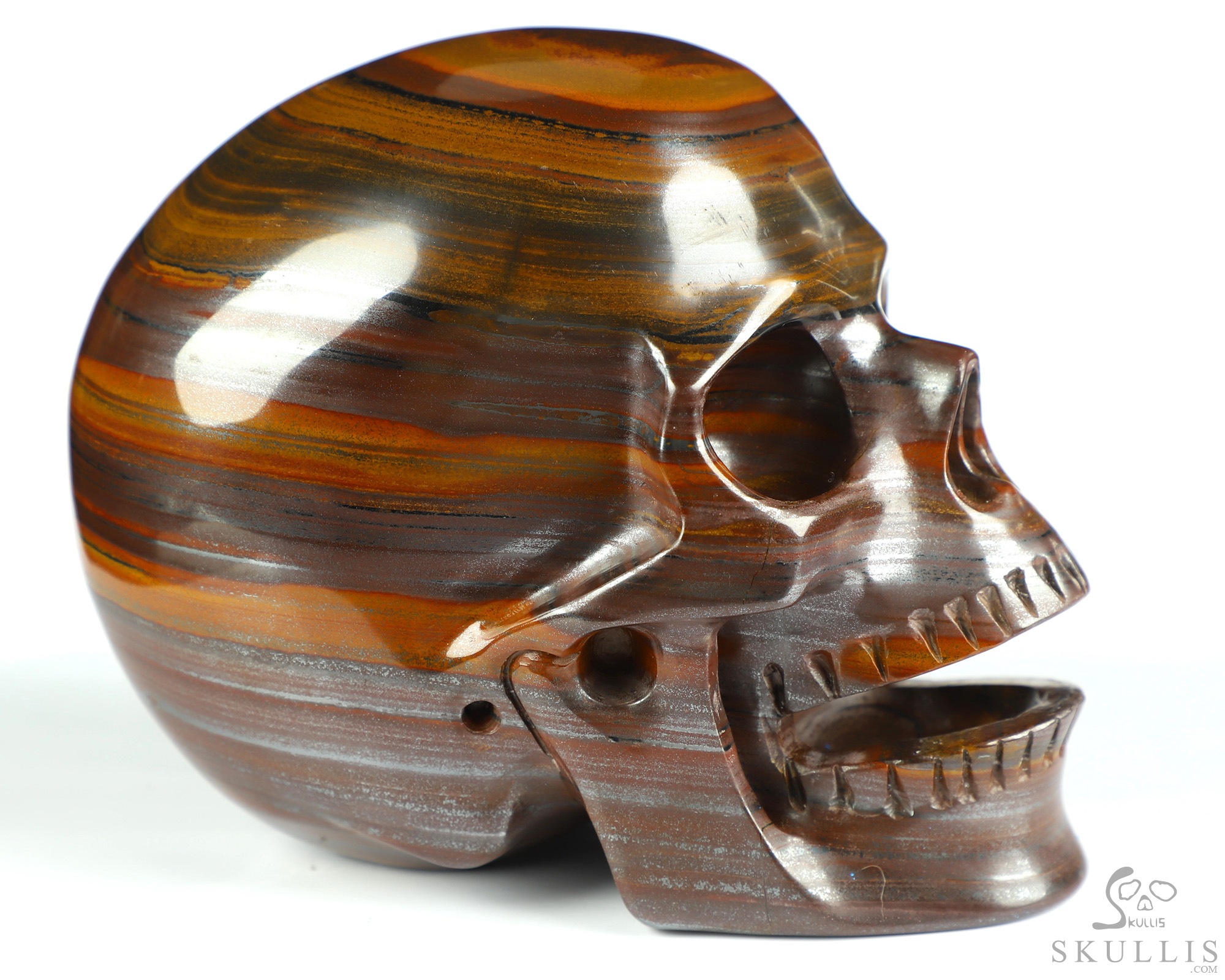 5.1" Tiger Iron Eye Hand Carved Singing Crystal Skull Sculpture, Crystal Healing 5.1" Tiger Iron Eye Hand Carved Singing Crystal Skull Sculpture, Crystal Healing
