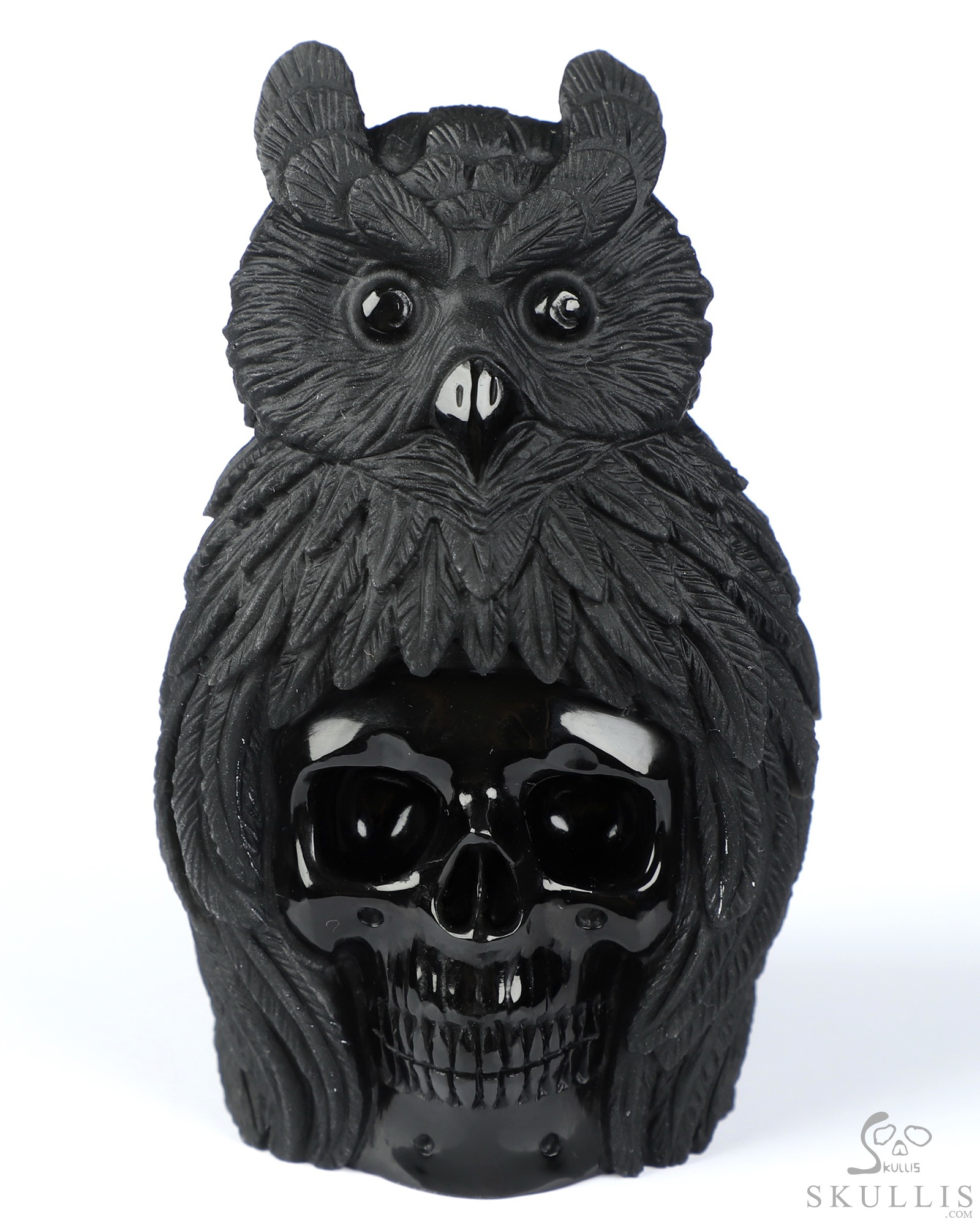 3.9" Black Obsidian Hand Carved Crystal Skull and Owl Sculpture, Crystal Healing 3.9" Black Obsidian Hand Carved Crystal Skull and Owl Sculpture, Crystal Healing