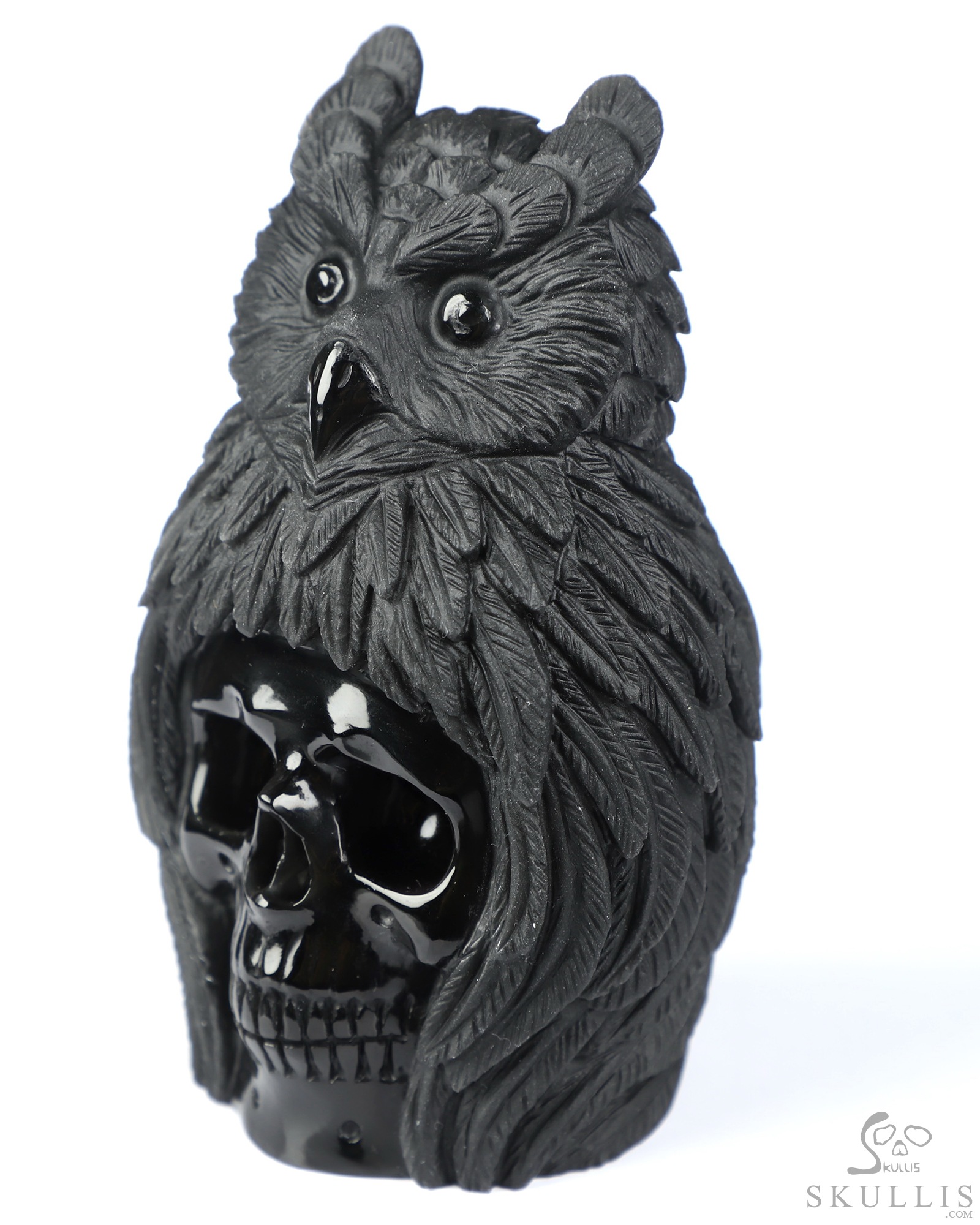 3.9" Black Obsidian Hand Carved Crystal Skull and Owl Sculpture, Crystal Healing 3.9" Black Obsidian Hand Carved Crystal Skull and Owl Sculpture, Crystal Healing