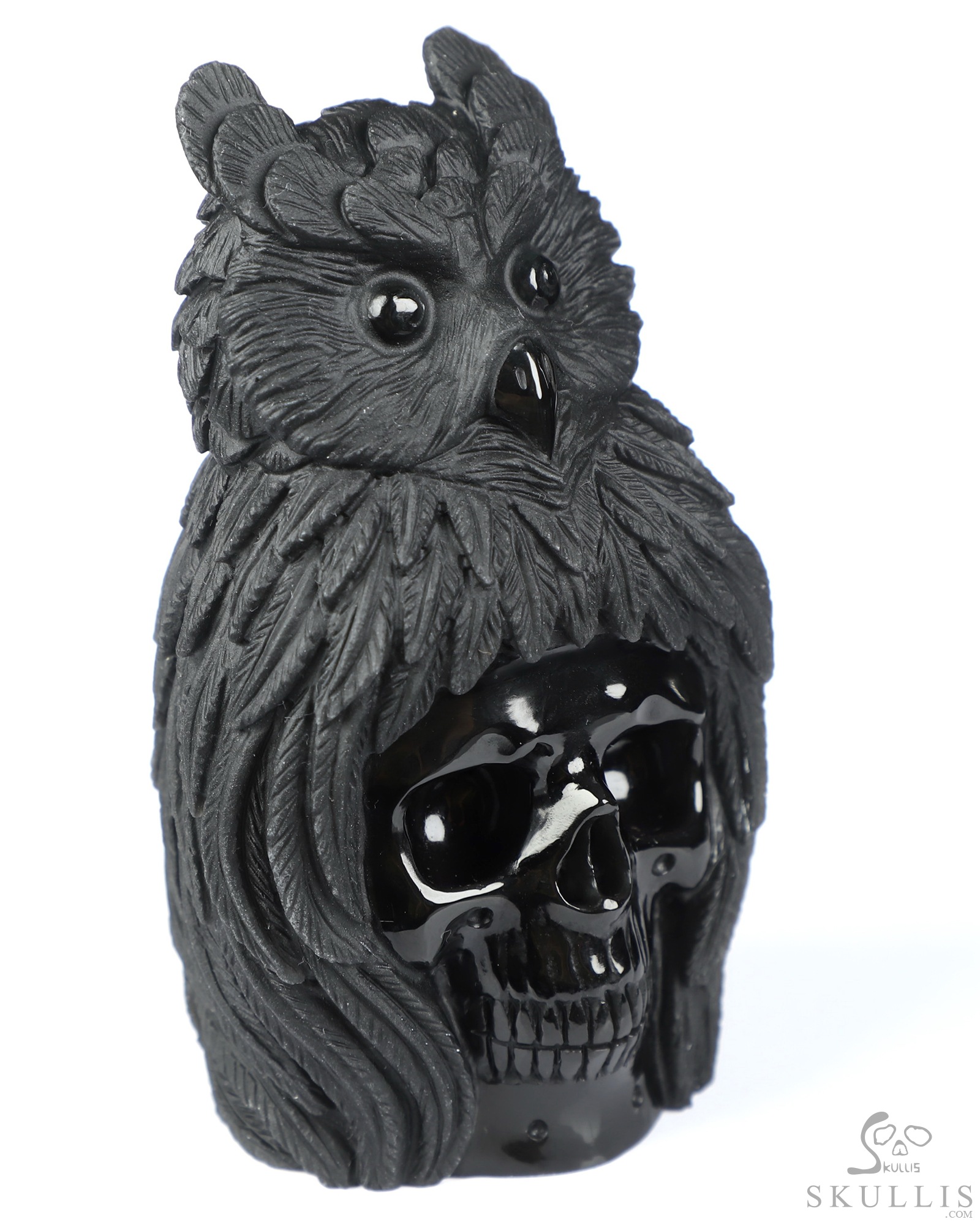 3.9" Black Obsidian Hand Carved Crystal Skull and Owl Sculpture, Crystal Healing 3.9" Black Obsidian Hand Carved Crystal Skull and Owl Sculpture, Crystal Healing