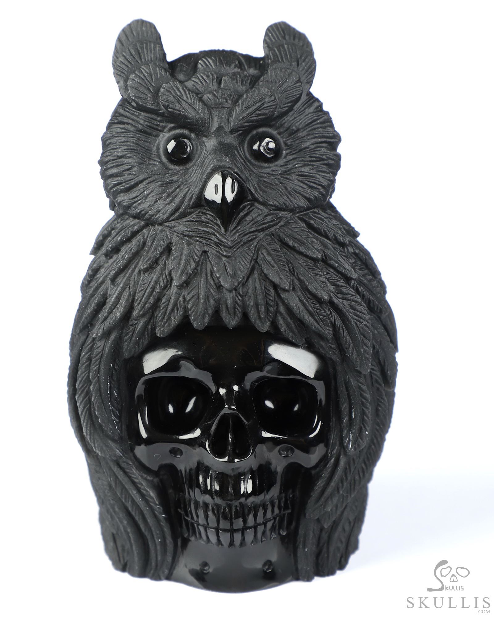 3.9" Black Obsidian Hand Carved Crystal Skull and Owl Sculpture, Crystal Healing 3.9" Black Obsidian Hand Carved Crystal Skull and Owl Sculpture, Crystal Healing