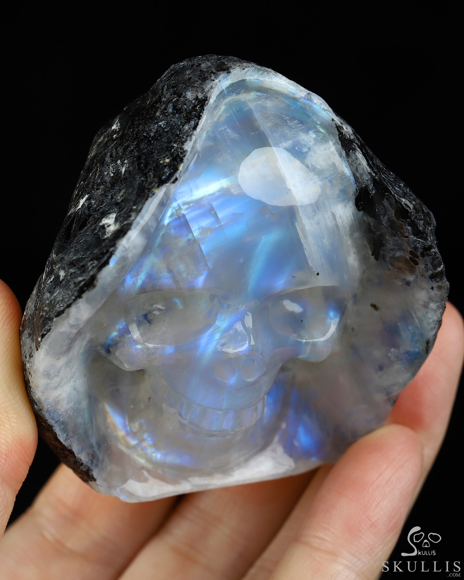 2.2" Black Tourmaline and Moonstone Hand Carved Crystal Skull Fine Art Sculpture, Crystal Healing 2.2" Black Tourmaline and Moonstone Hand Carved Crystal Skull Fine Art Sculpture, Crystal Healing