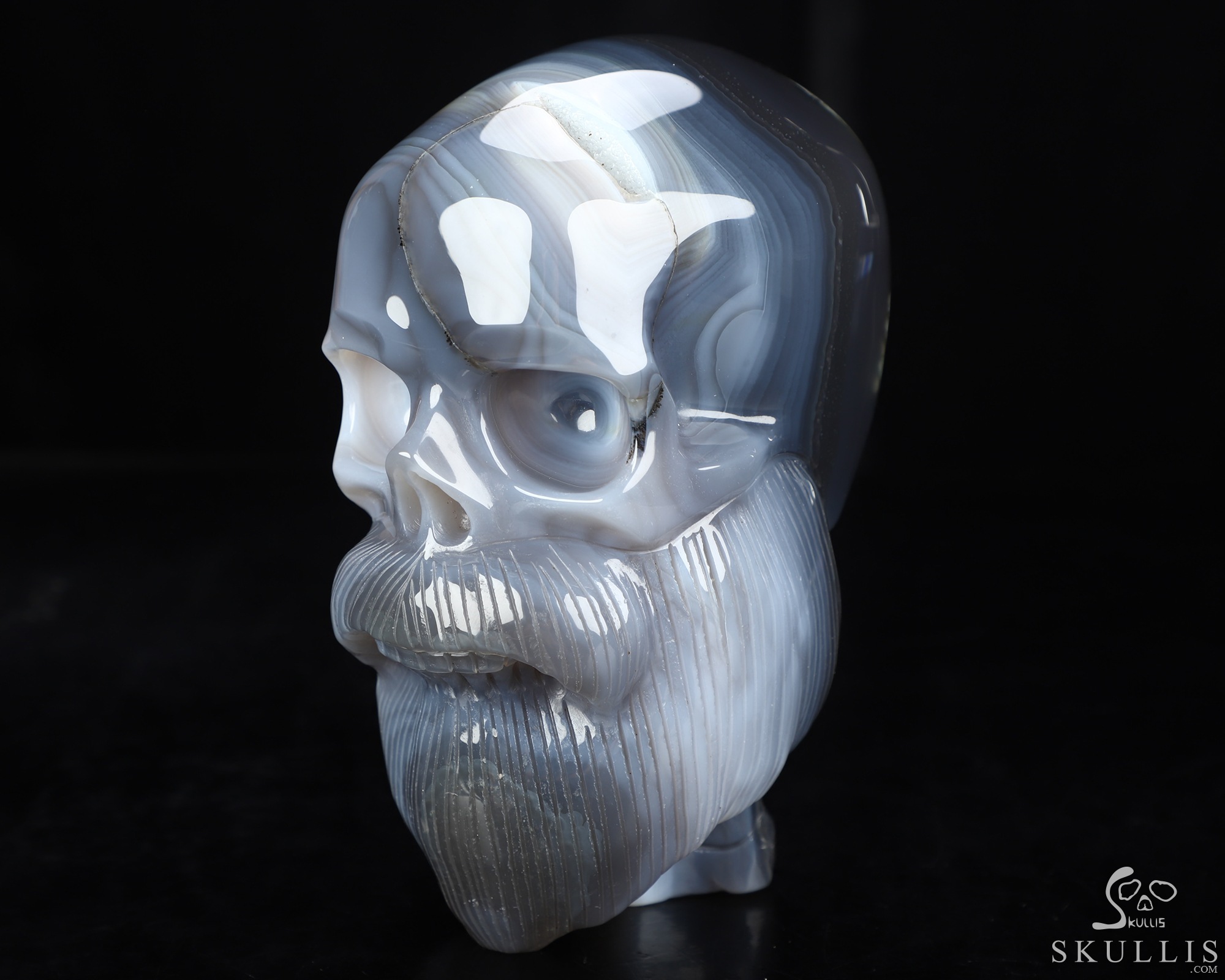 Bearded Skull - 6.1" Gray & White Agate Hand Carved Crystal Skull Fine Art Sculpture, Crystal Healing Bearded Skull - 6.1" Gray & White Agate Hand Carved Crystal Skull Fine Art Sculpture, Crystal Healing