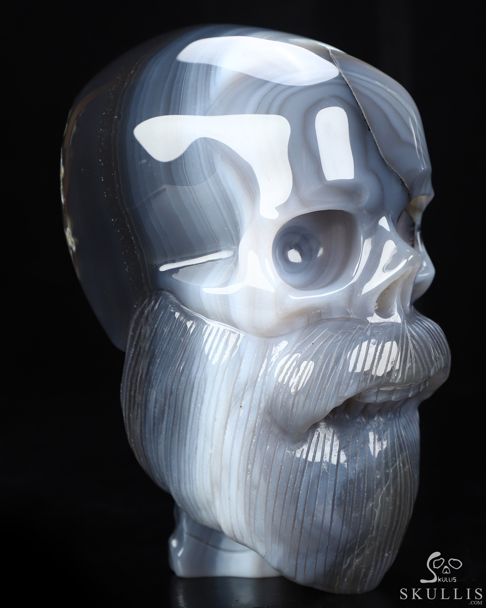 Bearded Skull - 6.1" Gray & White Agate Hand Carved Crystal Skull Fine Art Sculpture, Crystal Healing Bearded Skull - 6.1" Gray & White Agate Hand Carved Crystal Skull Fine Art Sculpture, Crystal Healing