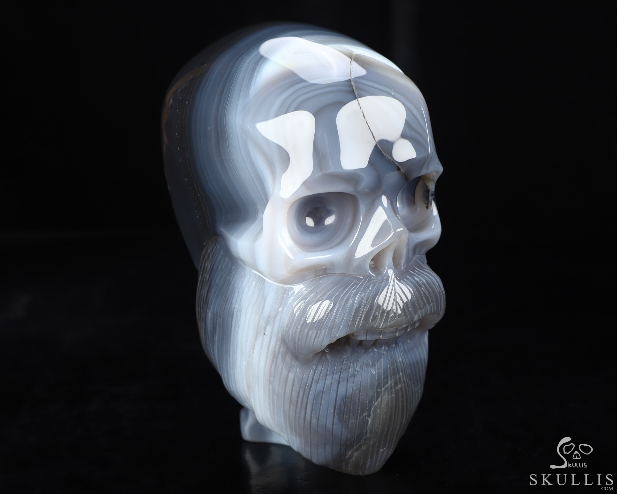 Bearded Skull - 6.1" Gray & White Agate Hand Carved Crystal Skull Fine Art Sculpture, Crystal Healing Bearded Skull - 6.1" Gray & White Agate Hand Carved Crystal Skull Fine Art Sculpture, Crystal Healing