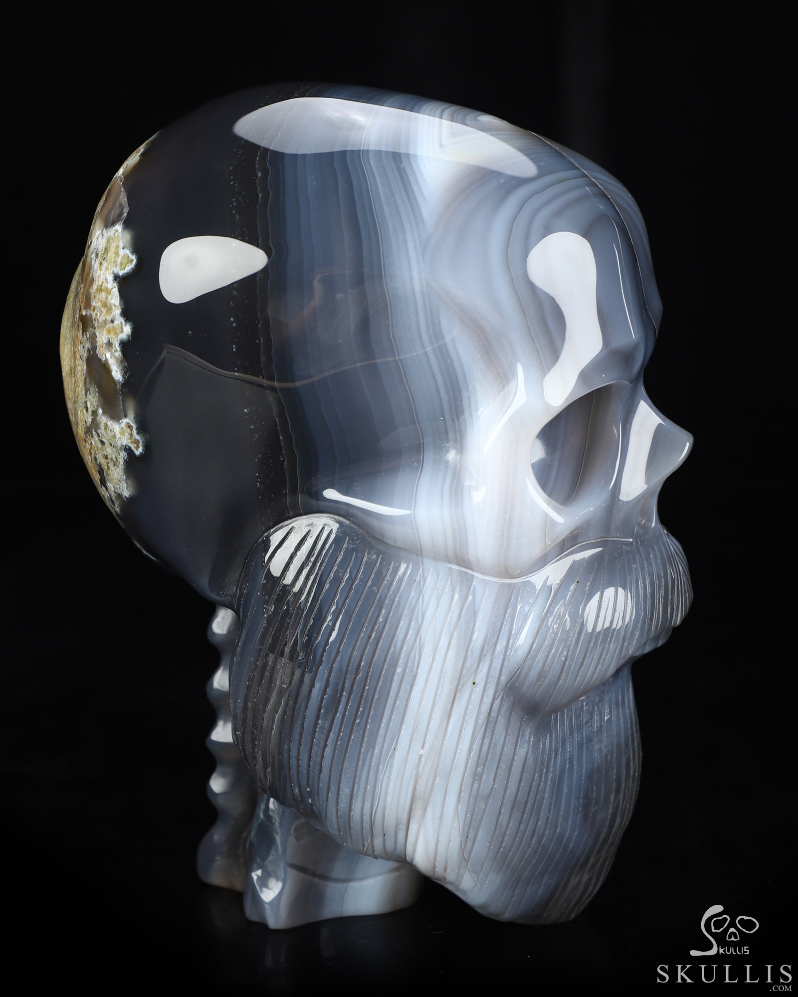 Bearded Skull - 6.1" Gray & White Agate Hand Carved Crystal Skull Fine Art Sculpture, Crystal Healing Bearded Skull - 6.1" Gray & White Agate Hand Carved Crystal Skull Fine Art Sculpture, Crystal Healing