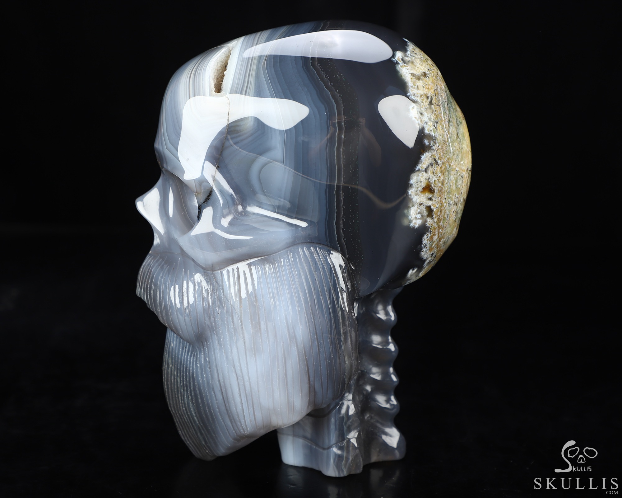 Bearded Skull - 6.1" Gray & White Agate Hand Carved Crystal Skull Fine Art Sculpture, Crystal Healing Bearded Skull - 6.1" Gray & White Agate Hand Carved Crystal Skull Fine Art Sculpture, Crystal Healing