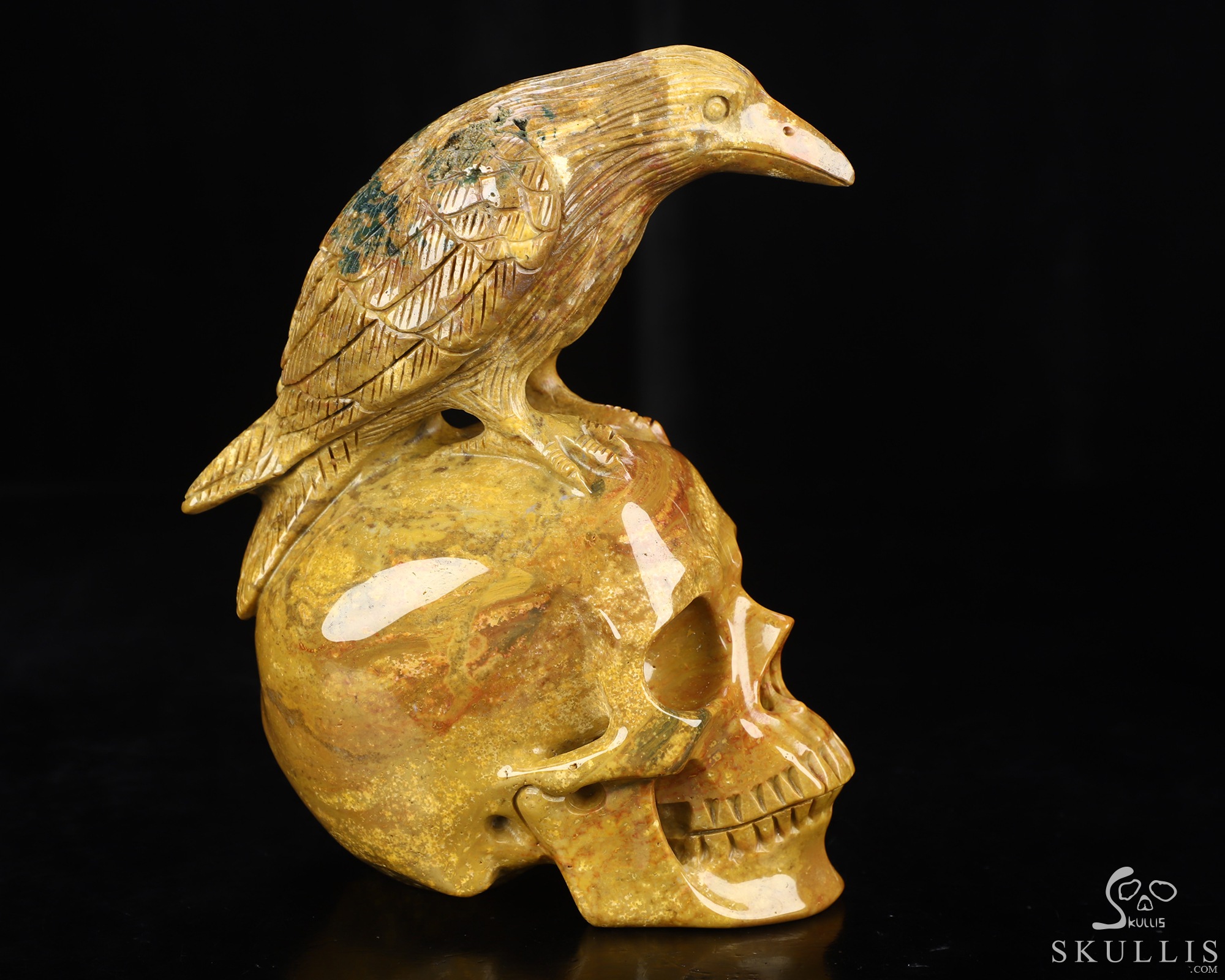 6.5" Indian Agate Hand Carved Crystal Skull and Raven Sculpture, Crystal Healing 6.5" Indian Agate Hand Carved Crystal Skull and Raven Sculpture, Crystal Healing