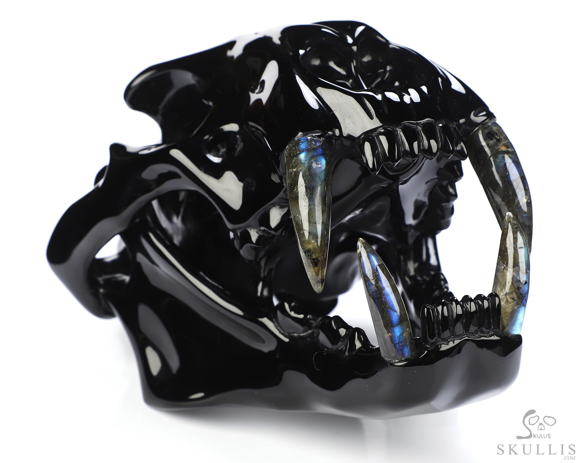8.3" Black Obsidian Hand Carved Crystal Smilodon SABER-TOOTHED Tiger/Cat Skull and Labradorite Tooth Sculpture 8.3" Black Obsidian Hand Carved Crystal Smilodon SABER-TOOTHED Tiger/Cat Skull and Labradorite Tooth Sculpture