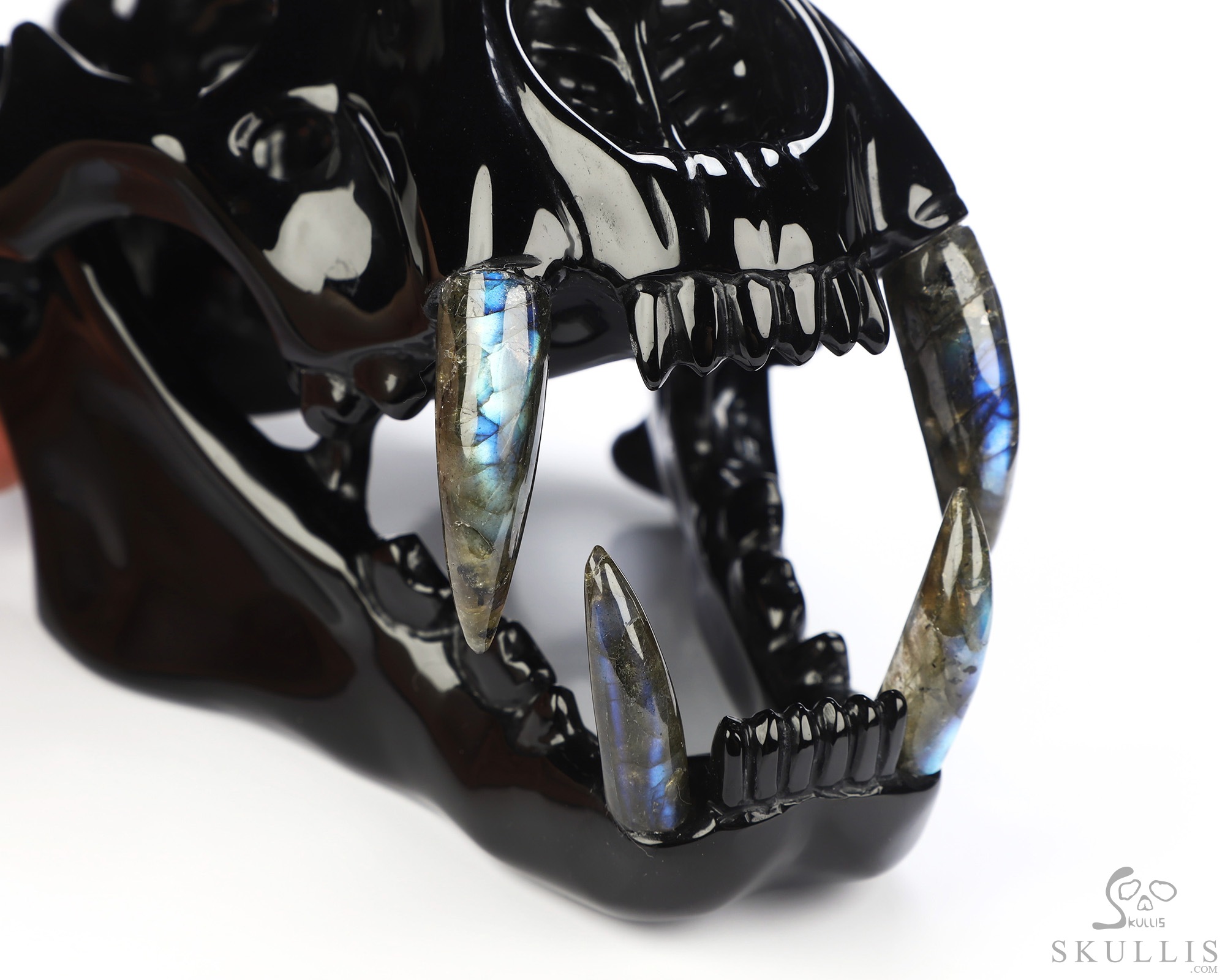 8.3" Black Obsidian Hand Carved Crystal Smilodon SABER-TOOTHED Tiger/Cat Skull and Labradorite Tooth Sculpture 8.3" Black Obsidian Hand Carved Crystal Smilodon SABER-TOOTHED Tiger/Cat Skull and Labradorite Tooth Sculpture