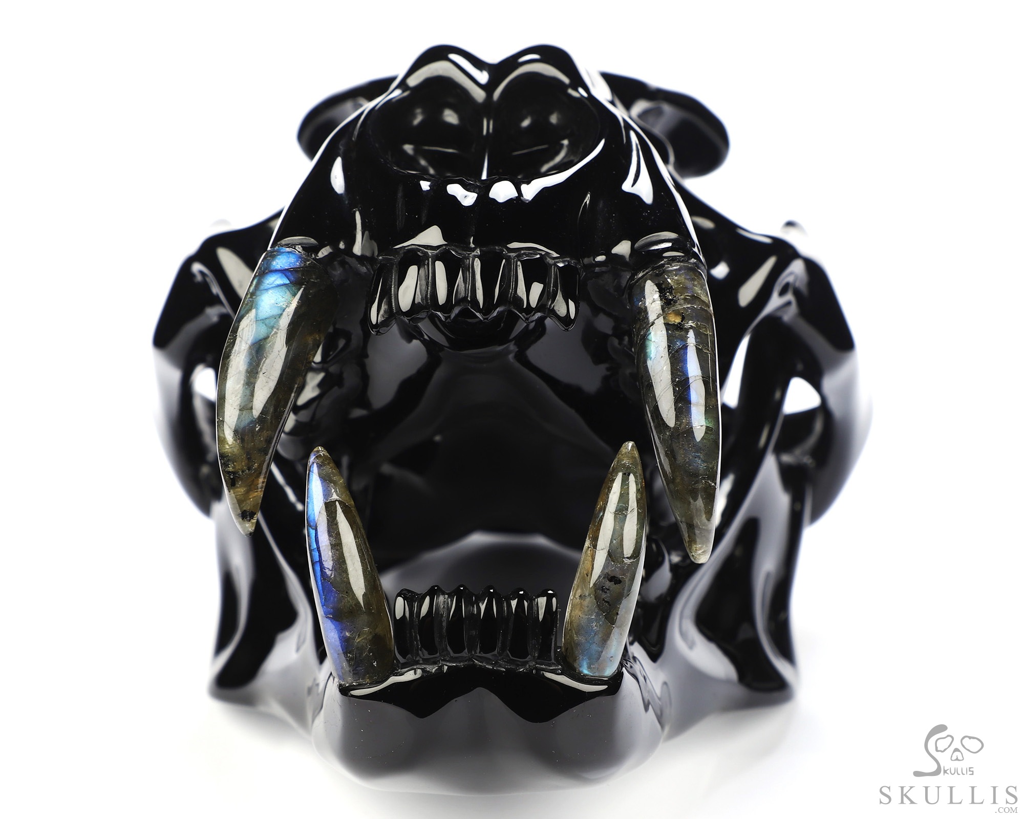 8.3" Black Obsidian Hand Carved Crystal Smilodon SABER-TOOTHED Tiger/Cat Skull and Labradorite Tooth Sculpture 8.3" Black Obsidian Hand Carved Crystal Smilodon SABER-TOOTHED Tiger/Cat Skull and Labradorite Tooth Sculpture