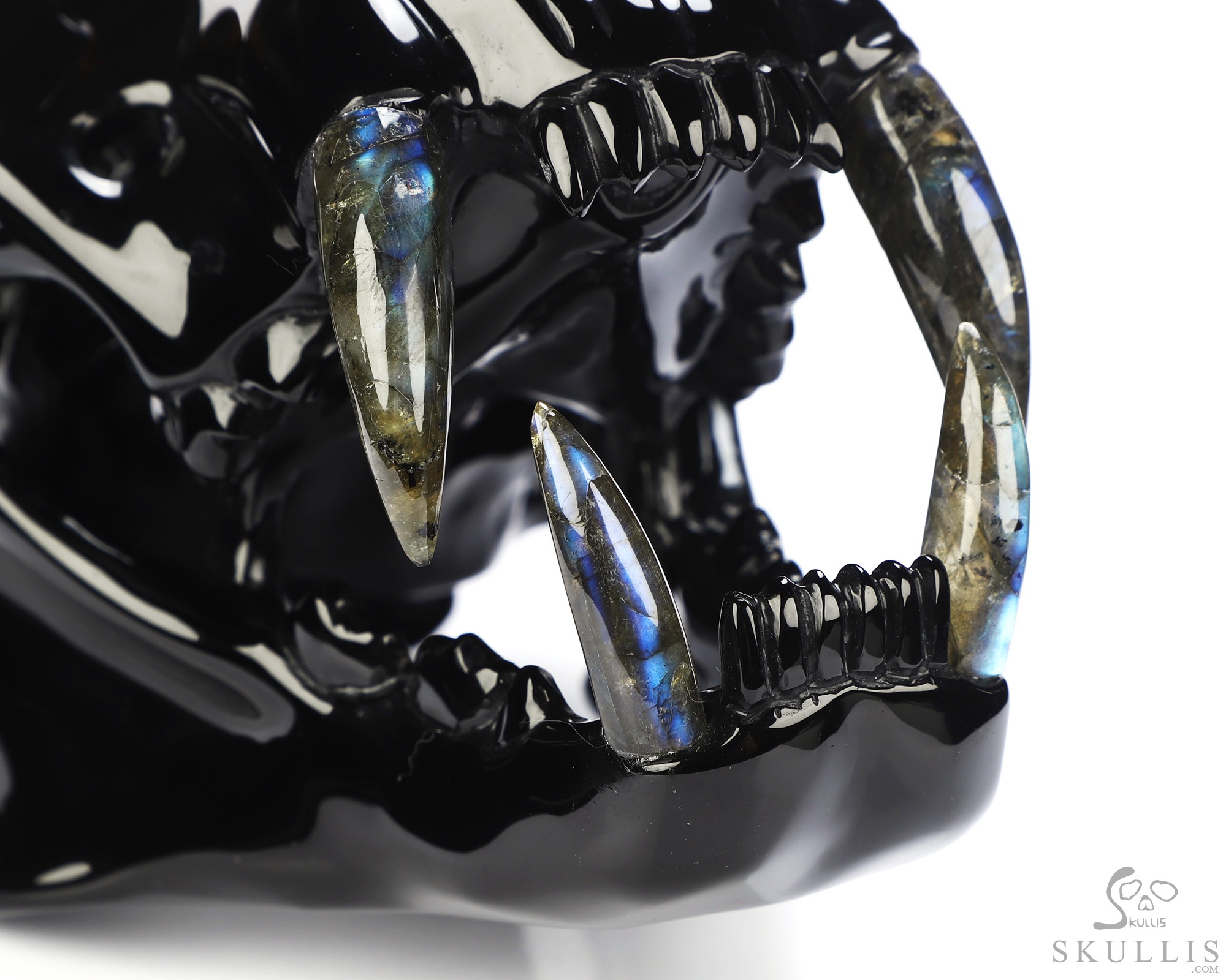 8.3" Black Obsidian Hand Carved Crystal Smilodon SABER-TOOTHED Tiger/Cat Skull and Labradorite Tooth Sculpture 8.3" Black Obsidian Hand Carved Crystal Smilodon SABER-TOOTHED Tiger/Cat Skull and Labradorite Tooth Sculpture