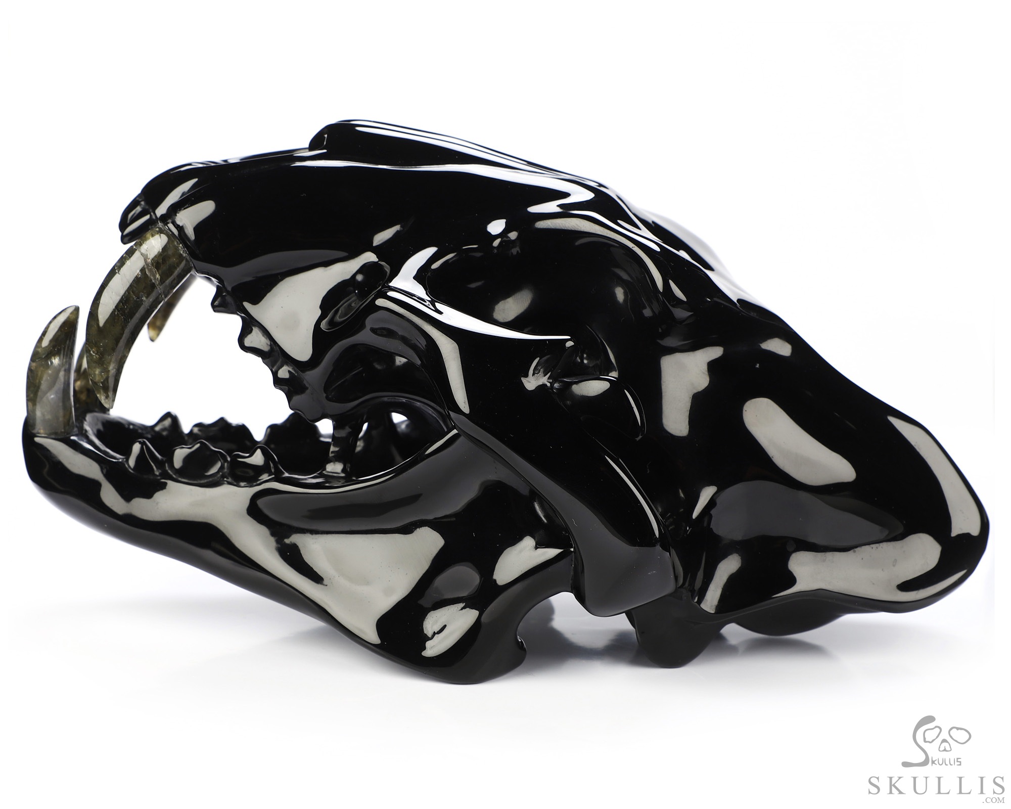 8.3" Black Obsidian Hand Carved Crystal Smilodon SABER-TOOTHED Tiger/Cat Skull and Labradorite Tooth Sculpture 8.3" Black Obsidian Hand Carved Crystal Smilodon SABER-TOOTHED Tiger/Cat Skull and Labradorite Tooth Sculpture