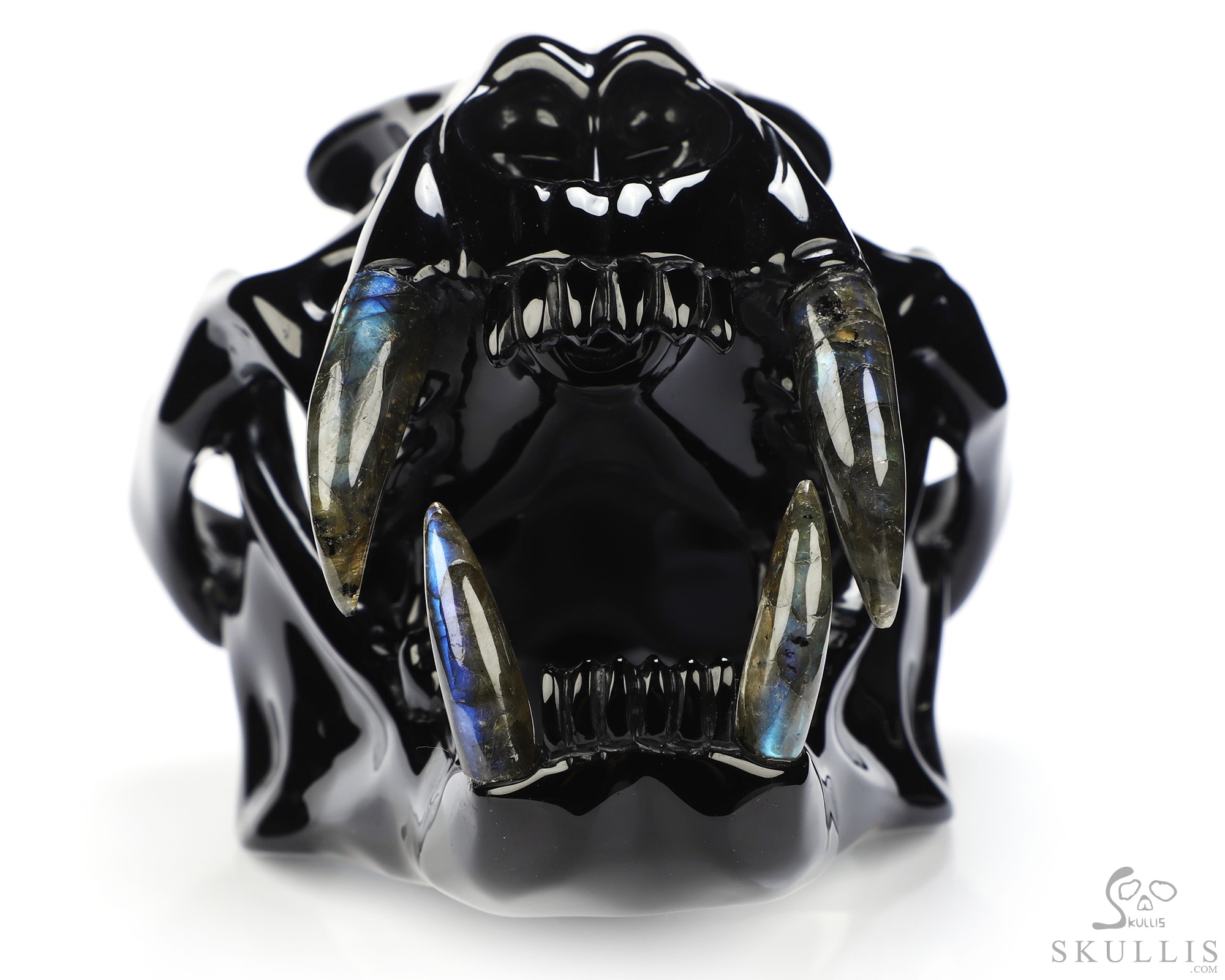 8.3" Black Obsidian Hand Carved Crystal Smilodon SABER-TOOTHED Tiger/Cat Skull and Labradorite Tooth Sculpture 8.3" Black Obsidian Hand Carved Crystal Smilodon SABER-TOOTHED Tiger/Cat Skull and Labradorite Tooth Sculpture
