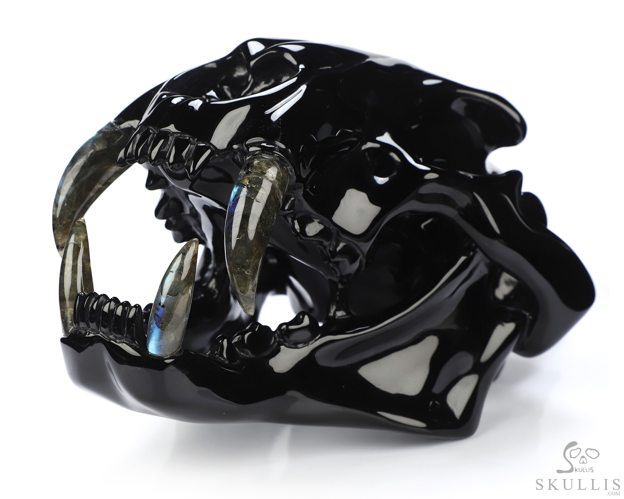 8.3" Black Obsidian Hand Carved Crystal Smilodon SABER-TOOTHED Tiger/Cat Skull and Labradorite Tooth Sculpture 8.3" Black Obsidian Hand Carved Crystal Smilodon SABER-TOOTHED Tiger/Cat Skull and Labradorite Tooth Sculpture