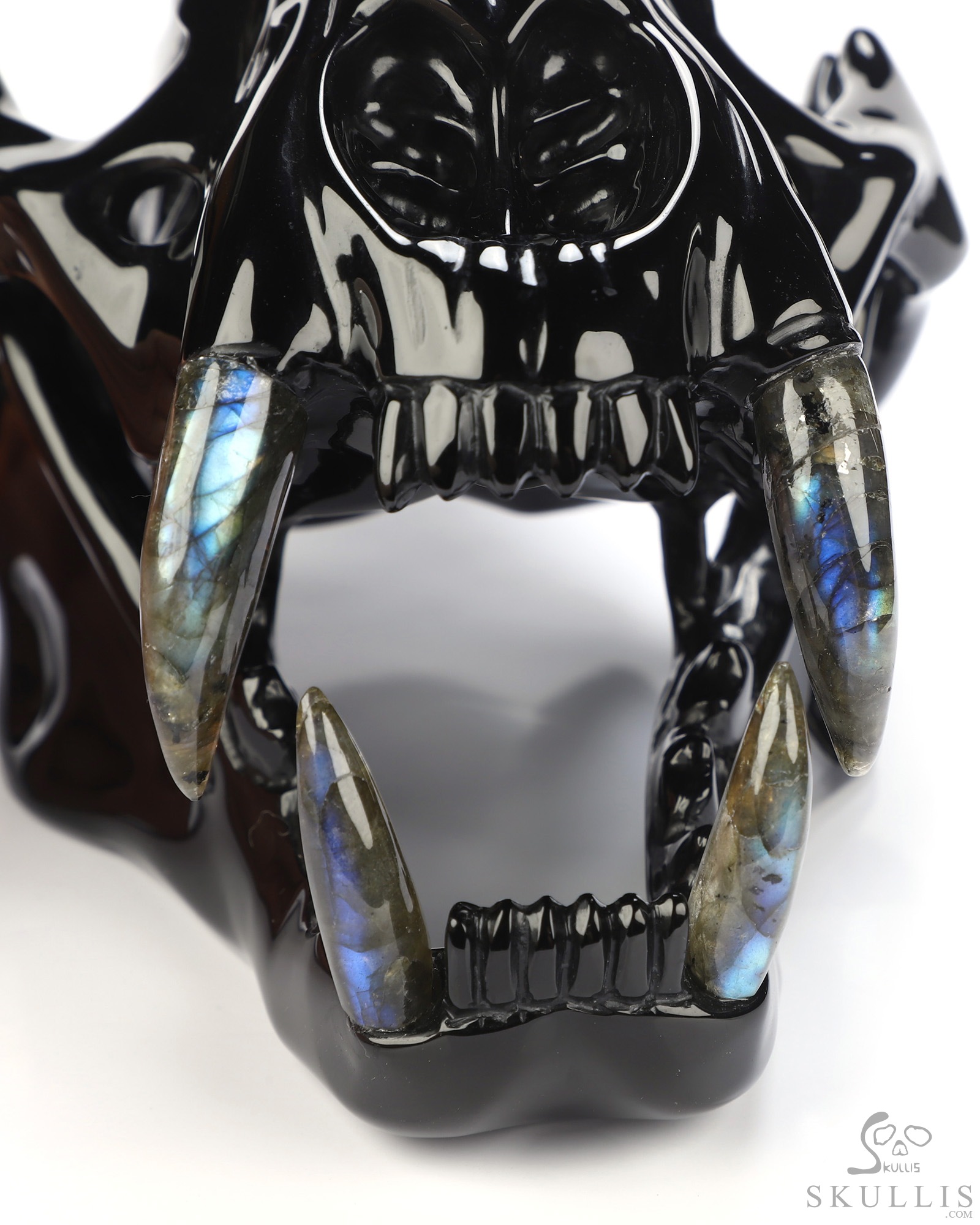 8.3" Black Obsidian Hand Carved Crystal Smilodon SABER-TOOTHED Tiger/Cat Skull and Labradorite Tooth Sculpture 8.3" Black Obsidian Hand Carved Crystal Smilodon SABER-TOOTHED Tiger/Cat Skull and Labradorite Tooth Sculpture