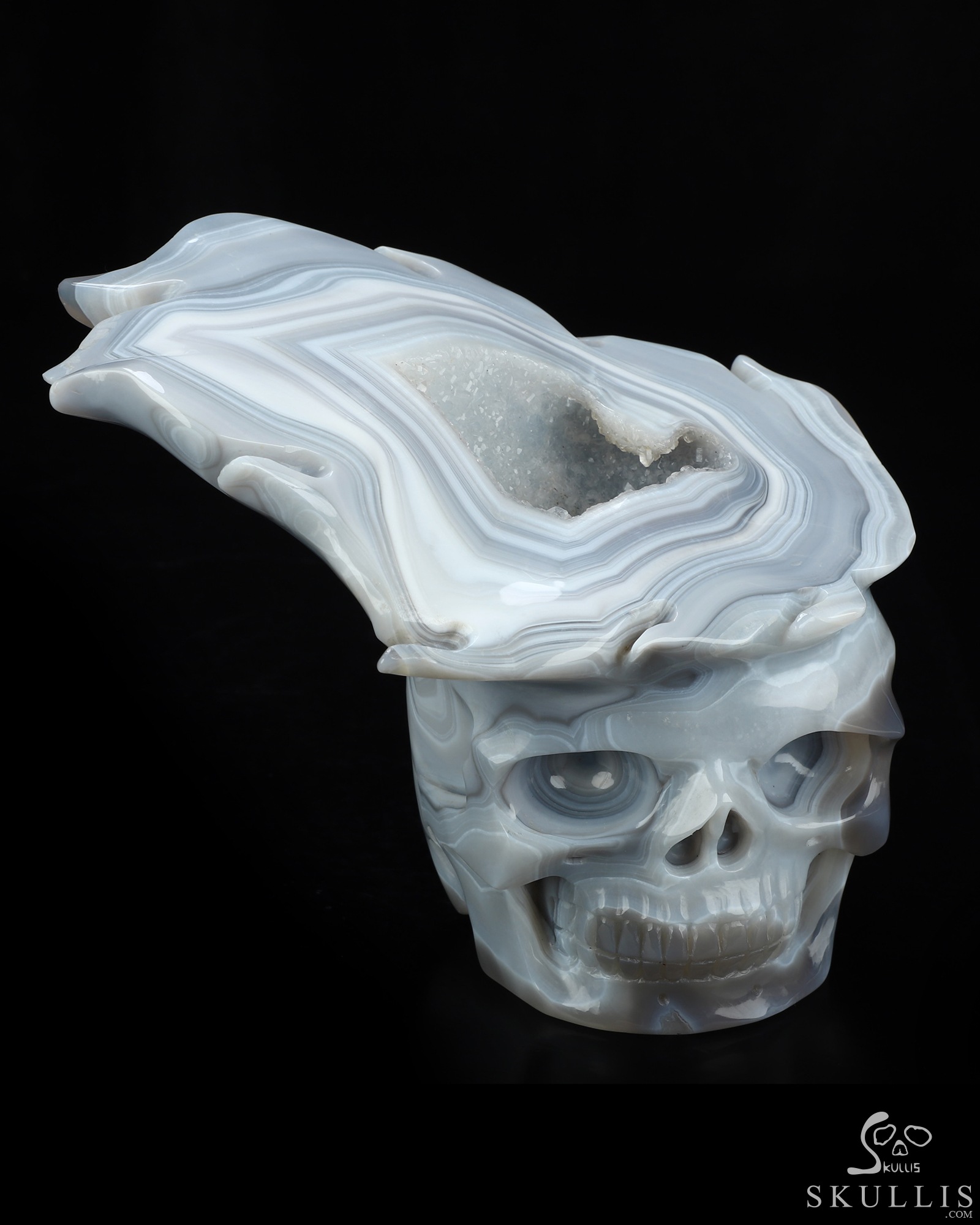 6.1" Banded Agate Geode Hand Carved Crystal Skull Fine Art Sculpture, Crystal Healing 6.1" Banded Agate Geode Hand Carved Crystal Skull Fine Art Sculpture, Crystal Healing