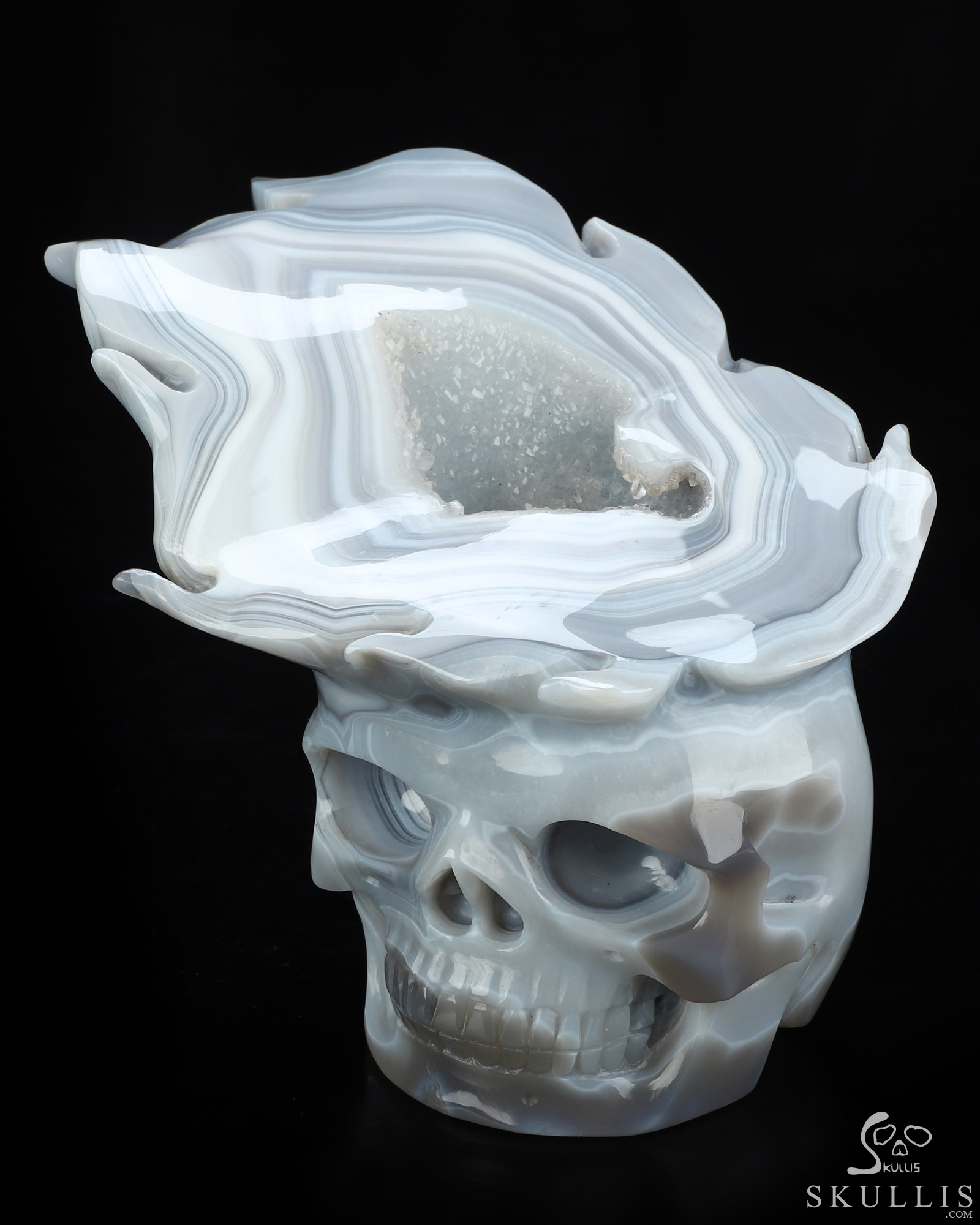 6.1" Banded Agate Geode Hand Carved Crystal Skull Fine Art Sculpture, Crystal Healing 6.1" Banded Agate Geode Hand Carved Crystal Skull Fine Art Sculpture, Crystal Healing