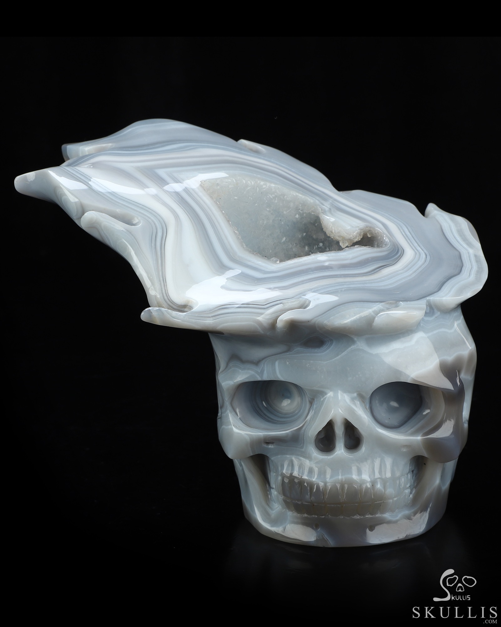 6.1" Banded Agate Geode Hand Carved Crystal Skull Fine Art Sculpture, Crystal Healing 6.1" Banded Agate Geode Hand Carved Crystal Skull Fine Art Sculpture, Crystal Healing