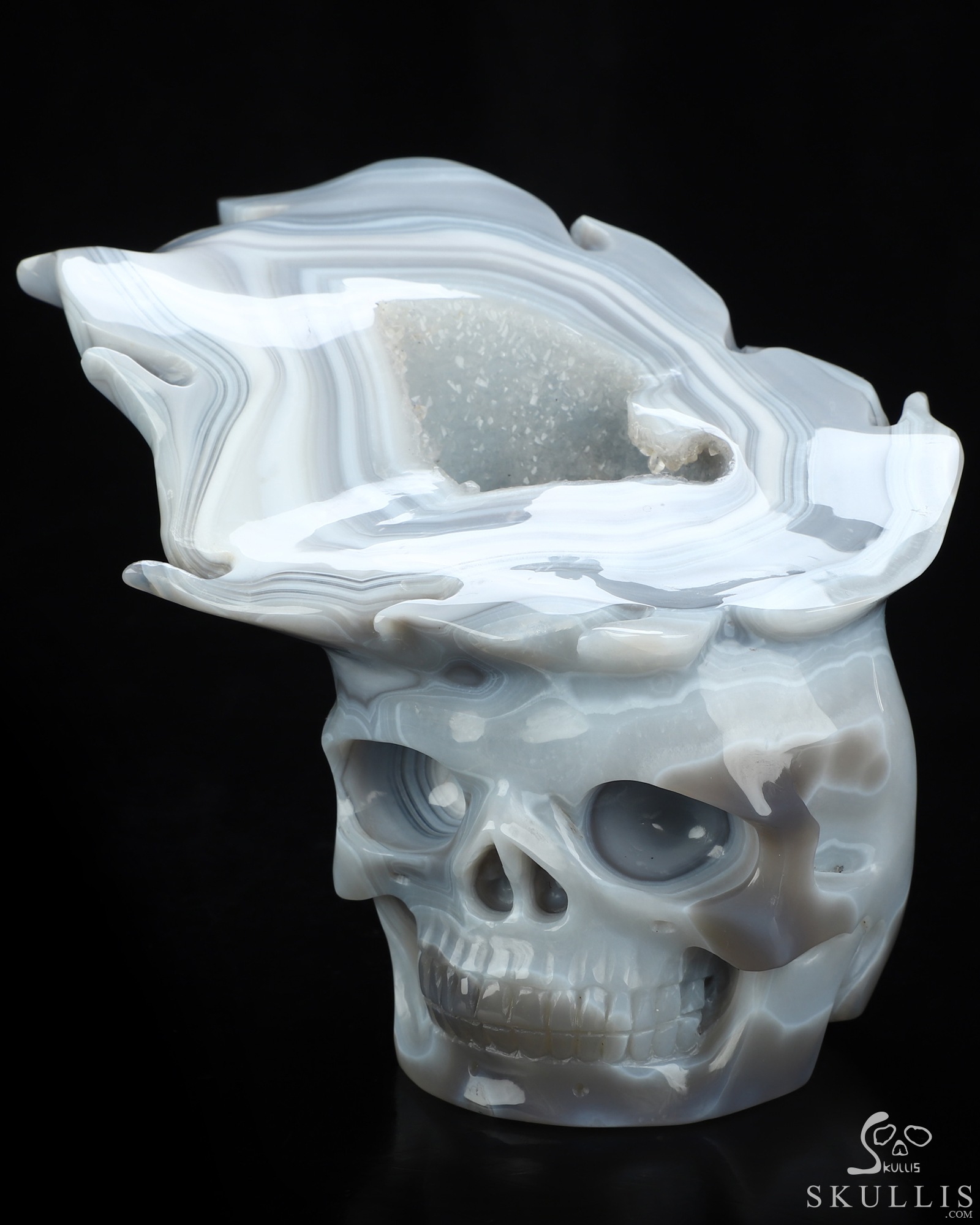6.1" Banded Agate Geode Hand Carved Crystal Skull Fine Art Sculpture, Crystal Healing 6.1" Banded Agate Geode Hand Carved Crystal Skull Fine Art Sculpture, Crystal Healing