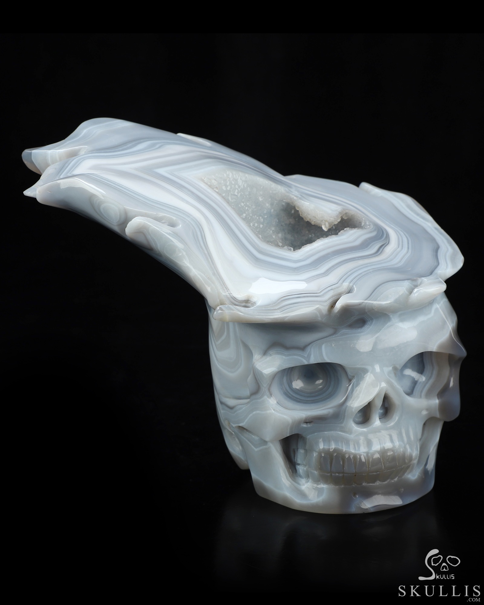 6.1" Banded Agate Geode Hand Carved Crystal Skull Fine Art Sculpture, Crystal Healing 6.1" Banded Agate Geode Hand Carved Crystal Skull Fine Art Sculpture, Crystal Healing