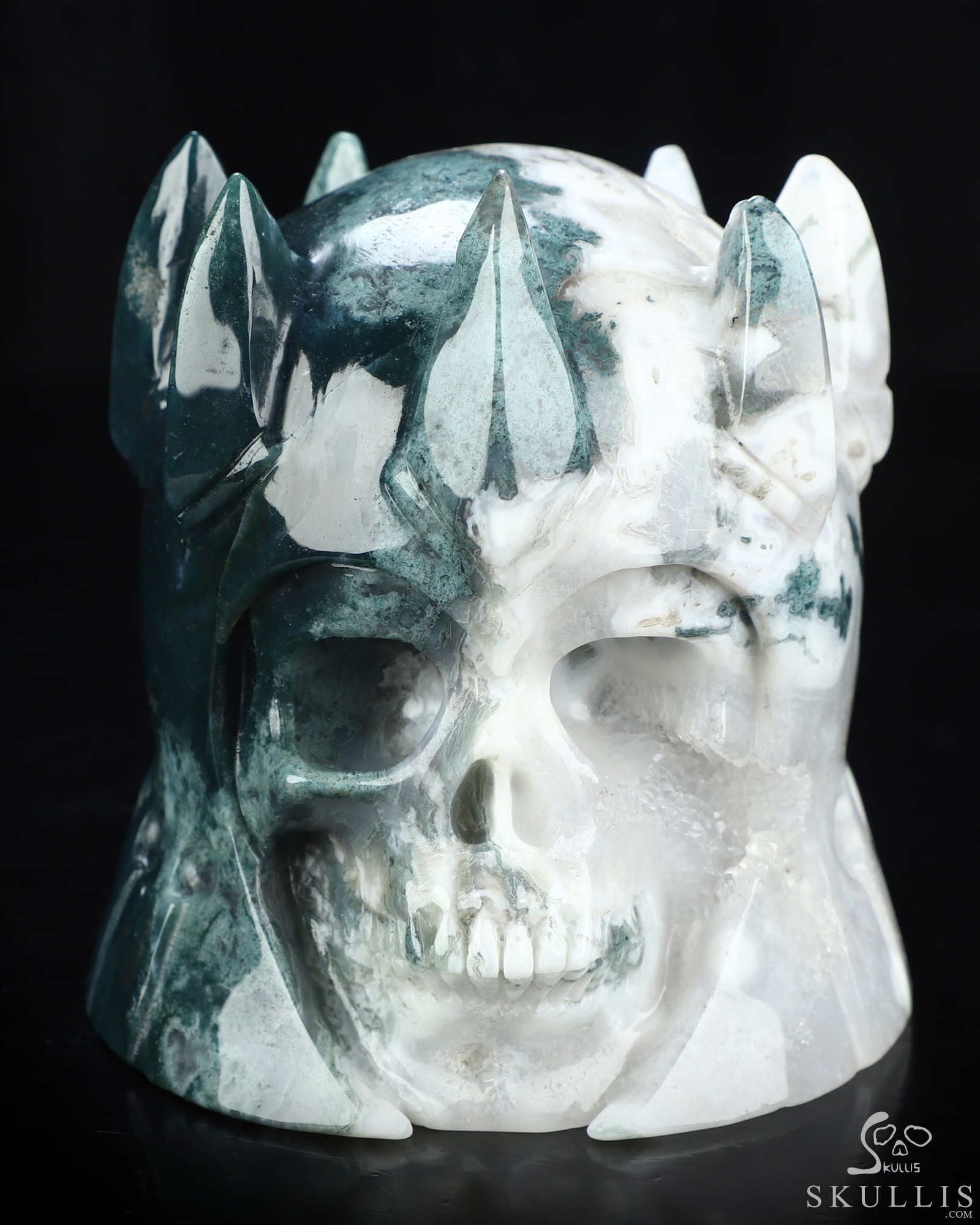 4.6" Green Moss Agate Hand Carved The King Crystal Skull Sculpture, Crystal Healing 4.6" Green Moss Agate Hand Carved The King Crystal Skull Sculpture, Crystal Healing