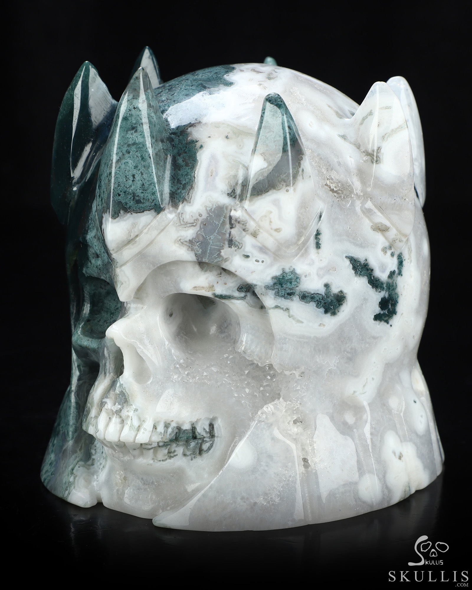 4.6" Green Moss Agate Hand Carved The King Crystal Skull Sculpture, Crystal Healing 4.6" Green Moss Agate Hand Carved The King Crystal Skull Sculpture, Crystal Healing