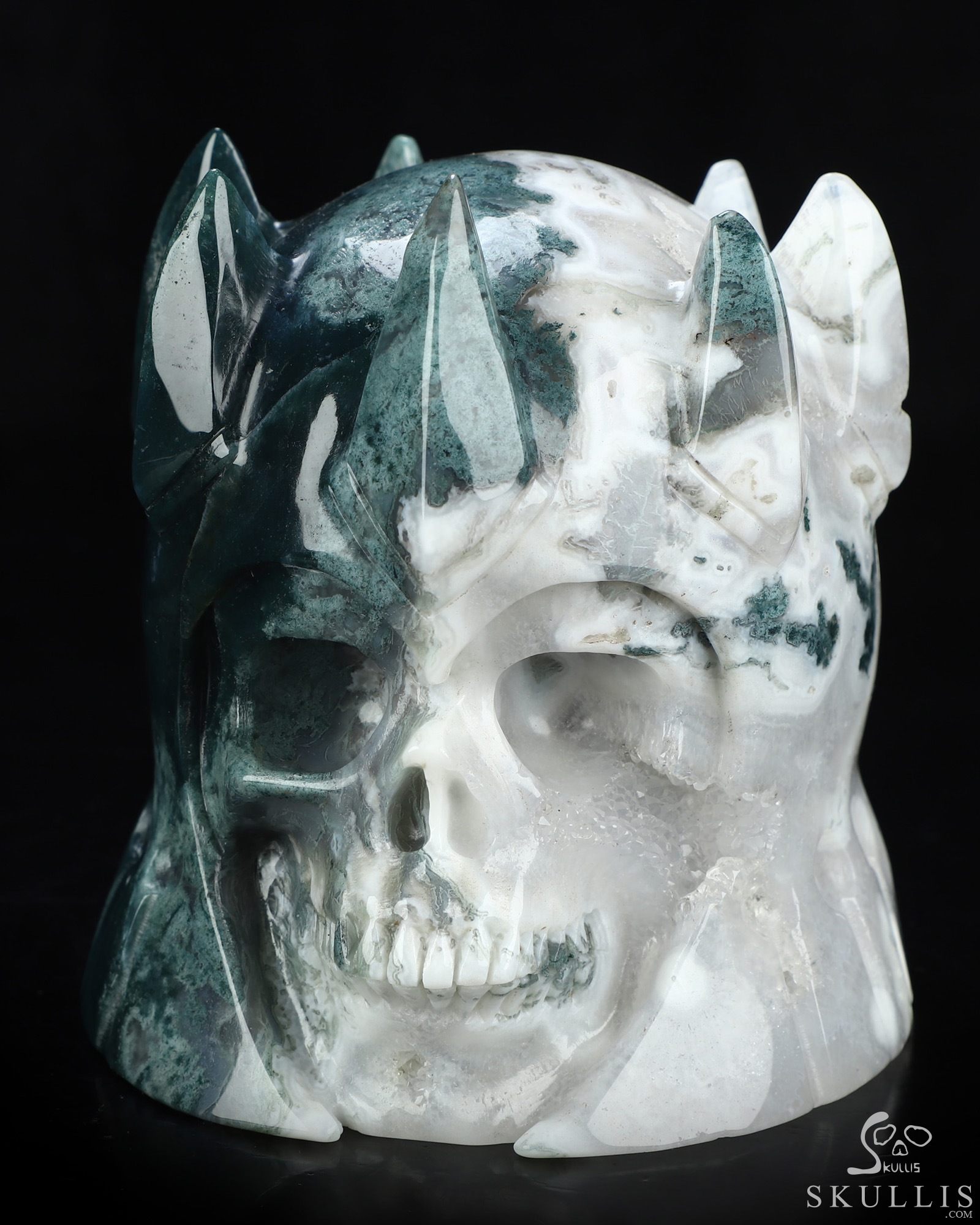 4.6" Green Moss Agate Hand Carved The King Crystal Skull Sculpture, Crystal Healing 4.6" Green Moss Agate Hand Carved The King Crystal Skull Sculpture, Crystal Healing