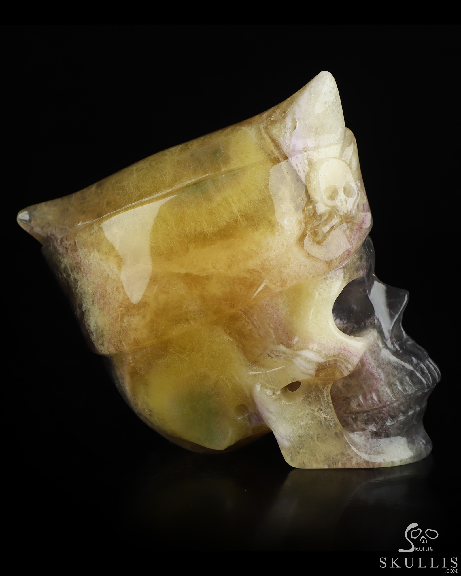 5.0" Fluorite Hand Carved Crystal Skull and Navy Cap Fine Art Sculpture, Crystal Healing 5.0" Fluorite Hand Carved Crystal Skull and Navy Cap Fine Art Sculpture, Crystal Healing