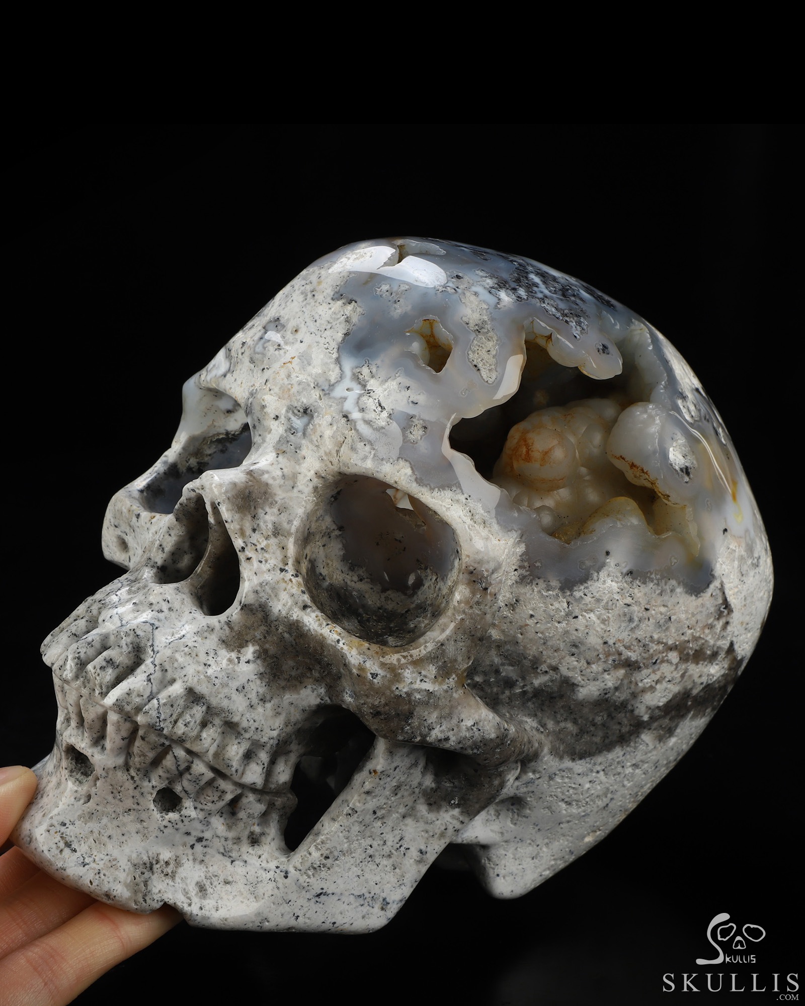 Lifesized 6.7" Flower Agate Geode Hand Carved Crystal Skull, Super Realistic, Crystal Healing Lifesized 6.7" Flower Agate Geode Hand Carved Crystal Skull, Super Realistic, Crystal Healing