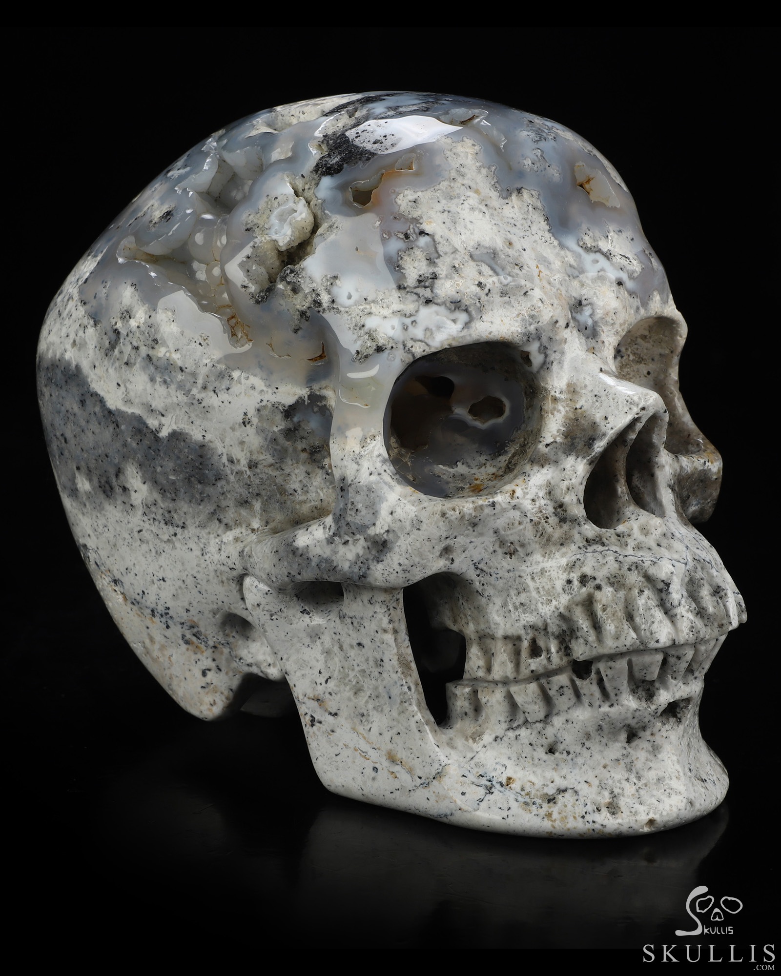 Lifesized 6.7" Flower Agate Geode Hand Carved Crystal Skull, Super Realistic, Crystal Healing Lifesized 6.7" Flower Agate Geode Hand Carved Crystal Skull, Super Realistic, Crystal Healing